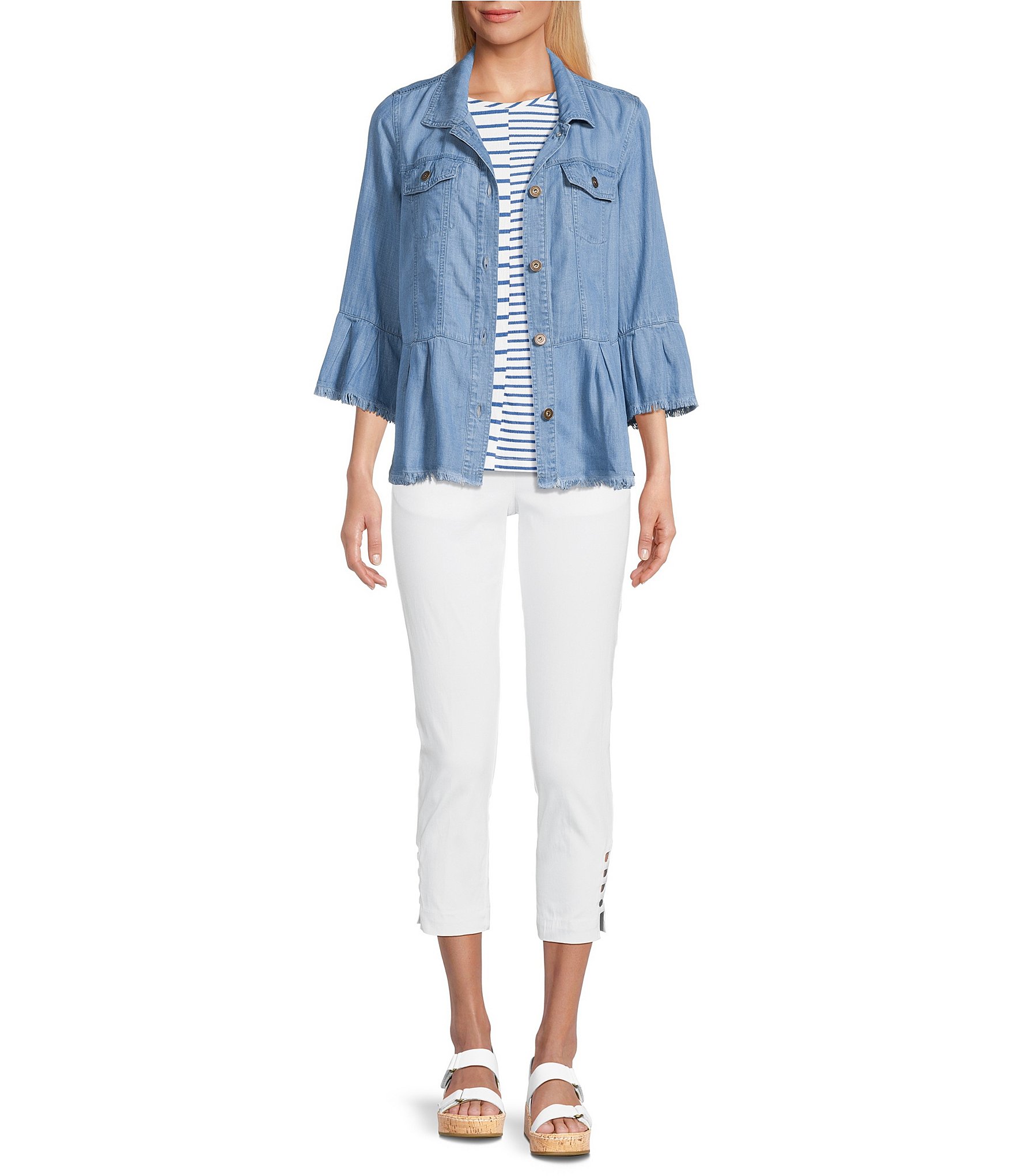 Multiples Solid Lyocell Point Collar 3/4 Flounce Sleeve Button Front Peplum Jacket