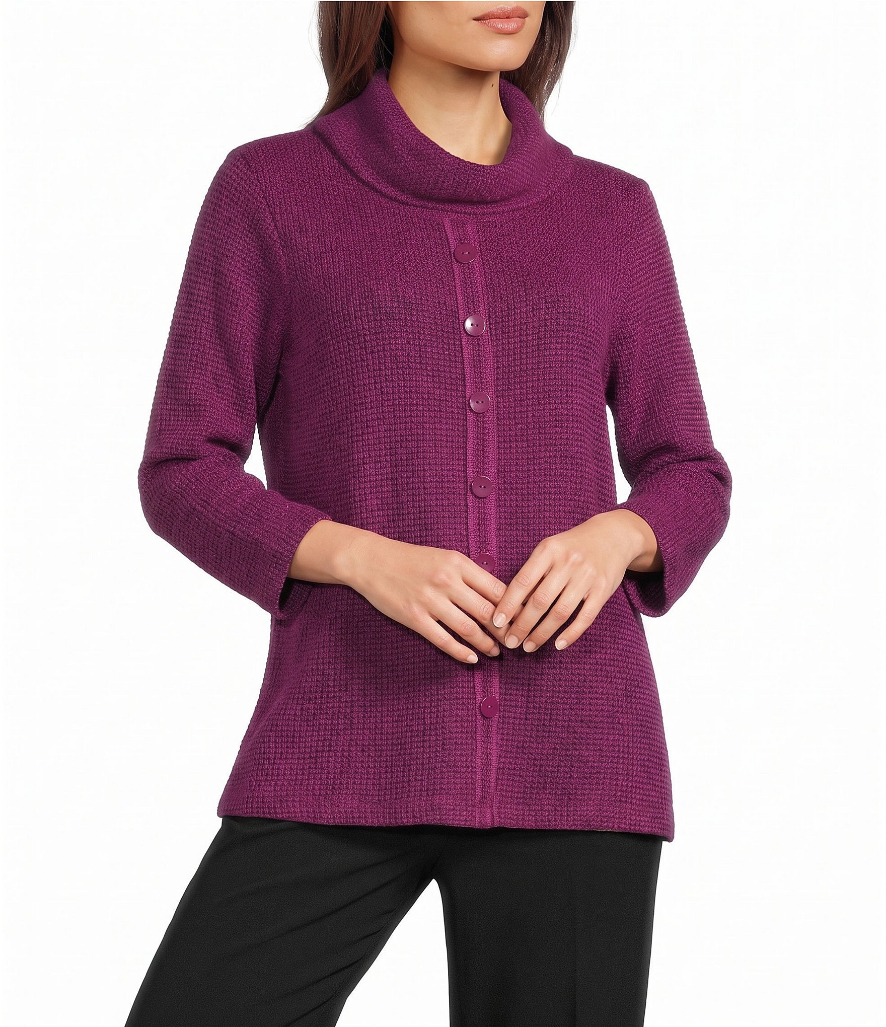 Multiples Textured Knit Cowl Neck 3/4 Sleeve Faux Button Novelty Top
