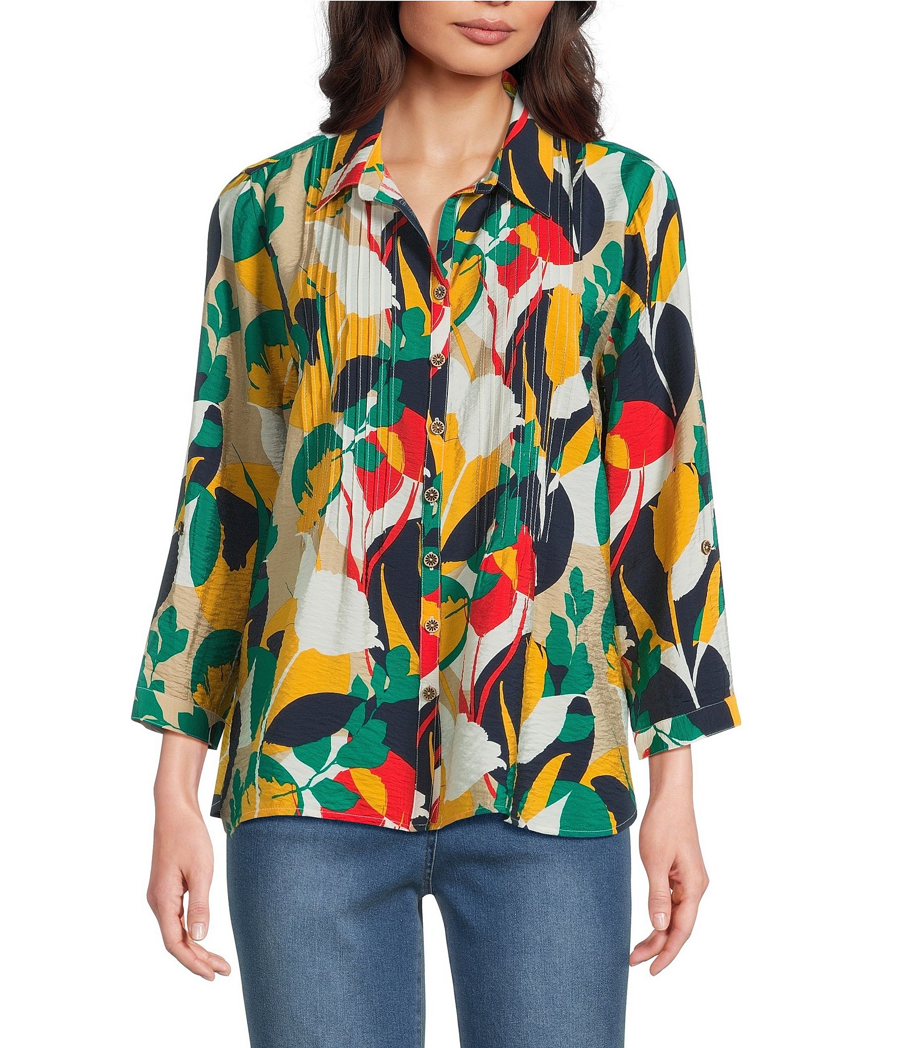 Multiples Woven Circle Multi Print Point Collar 3/4 Roll-Tab Sleeve Button-Front Crinkle Shirt