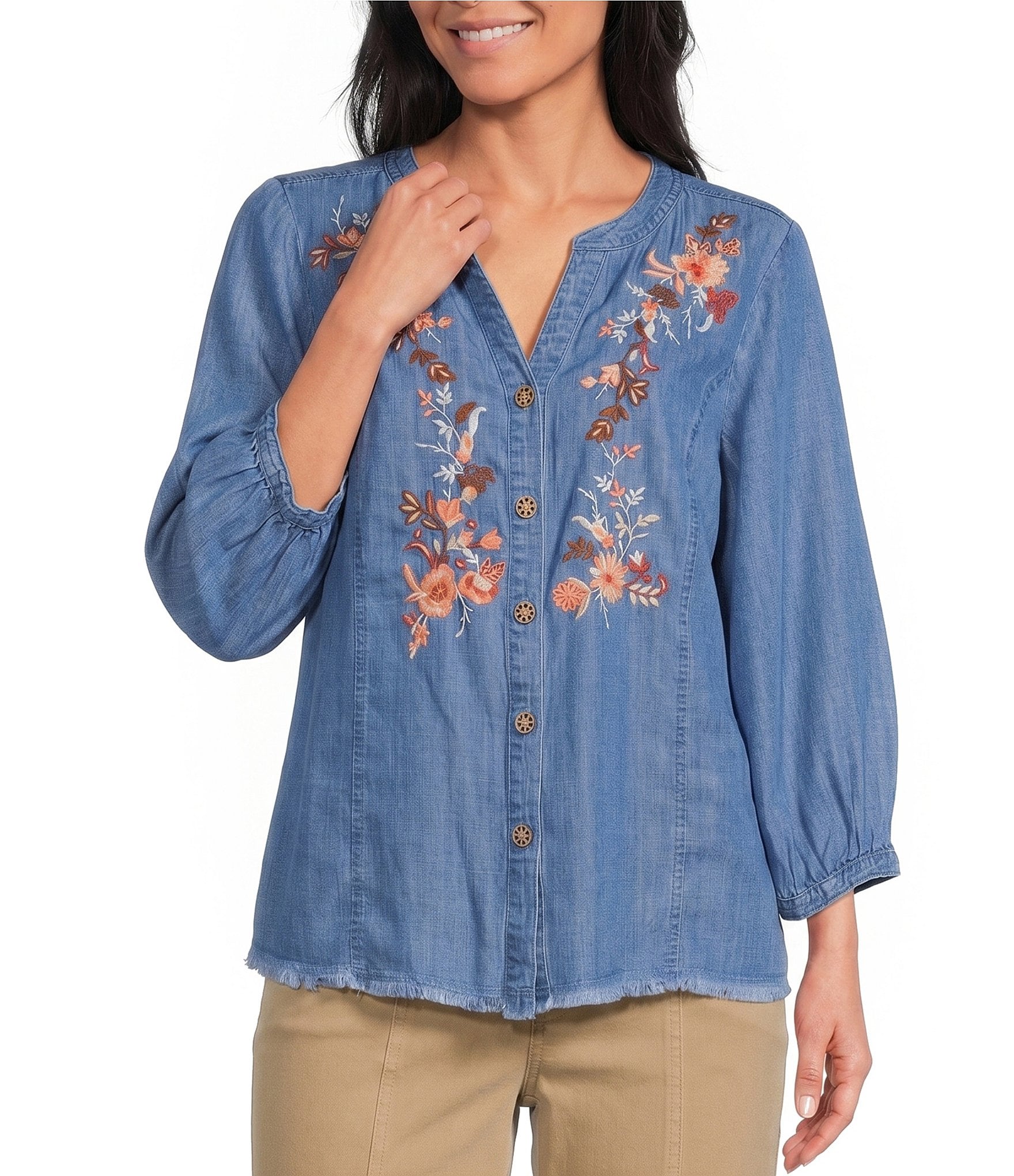 Multiples Woven Denim Split Round Neck 3/4 Sleeve Shirt