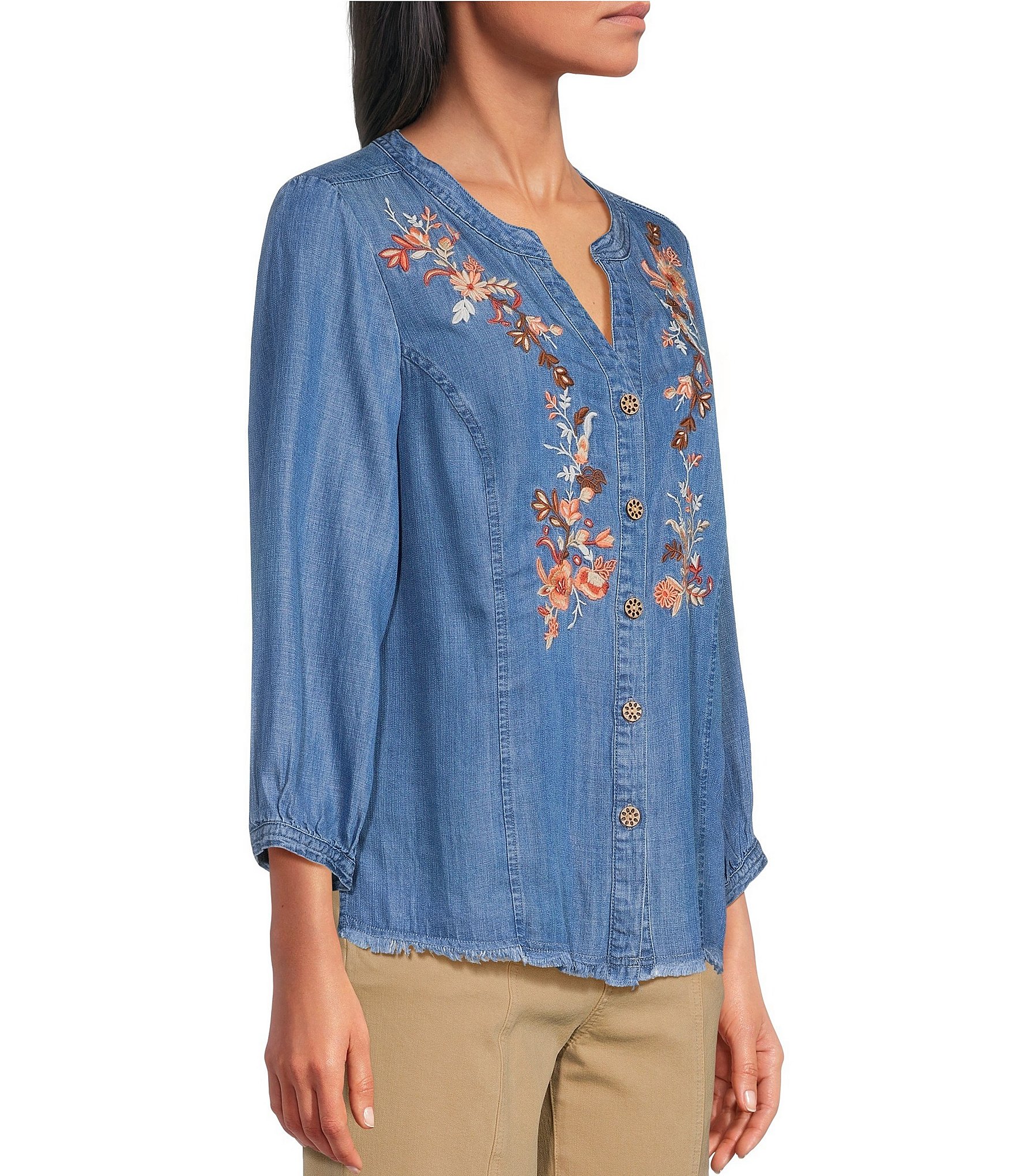 Multiples Woven Denim Split Round Neck 3/4 Sleeve Shirt