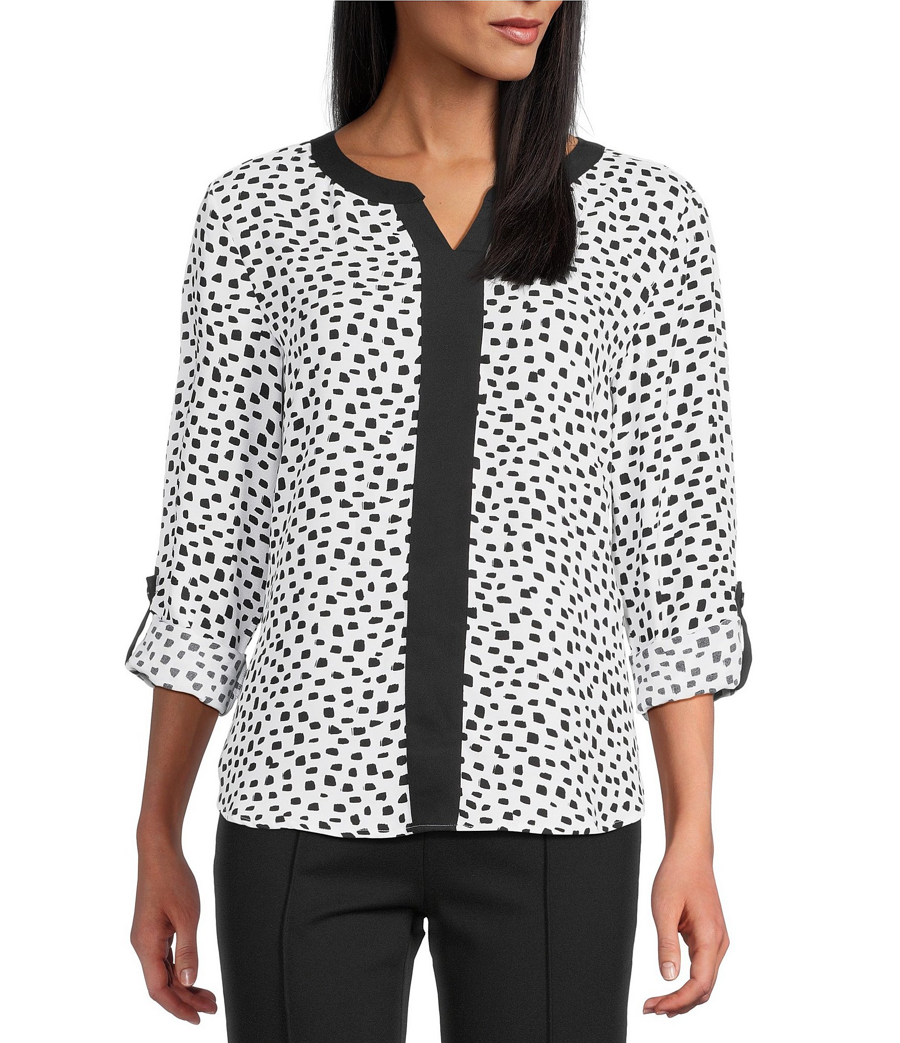 Multiples Woven Dotted Split Round Band V-Neck Long Roll-Tab Sleeve Top