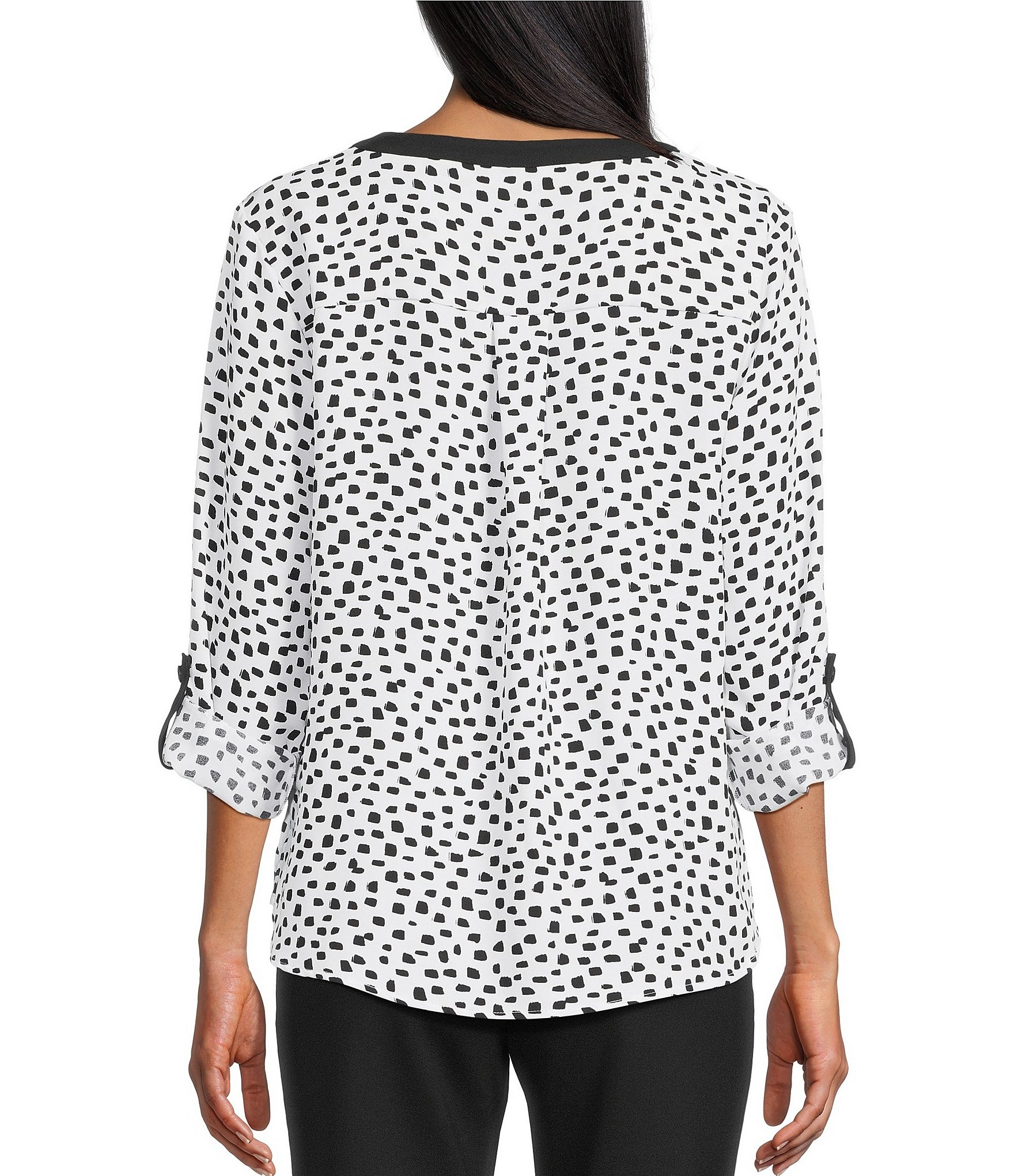Multiples Woven Dotted Split Round Band V-Neck Long Roll-Tab Sleeve Top