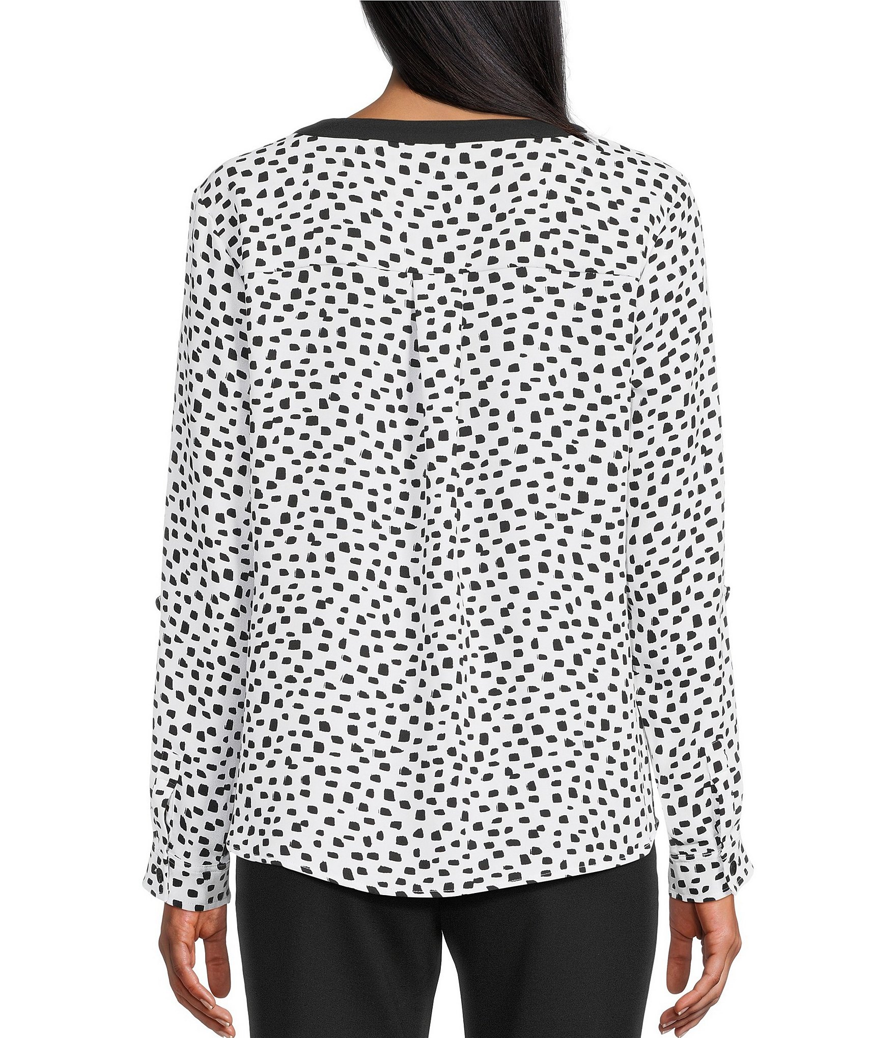 Multiples Woven Dotted Split Round Band V-Neck Long Roll-Tab Sleeve Top