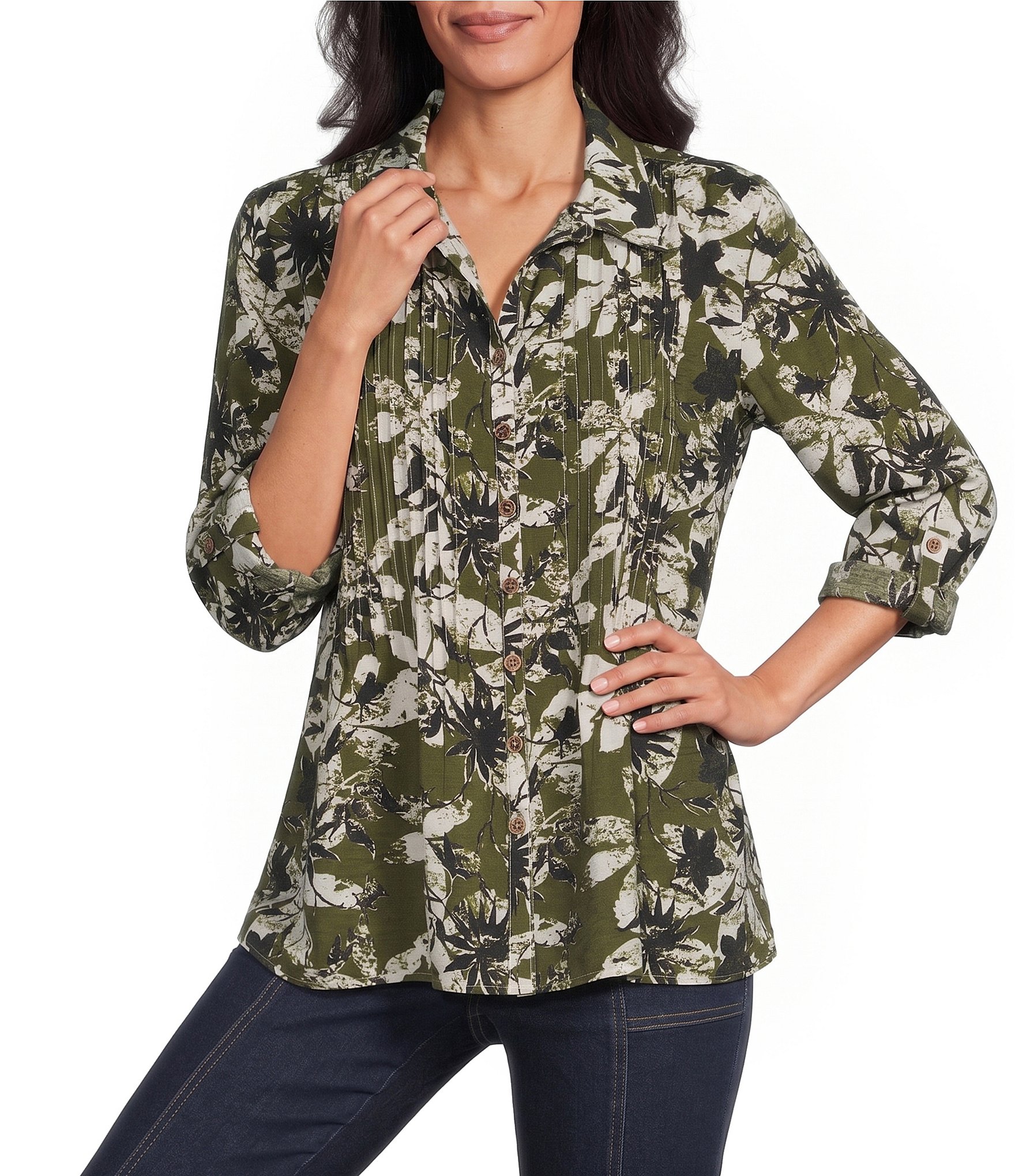 Multiples Woven Floral Multi Print Point Collar 3/4 Roll-Tab Sleeve Button-Front Crinkle Shirt