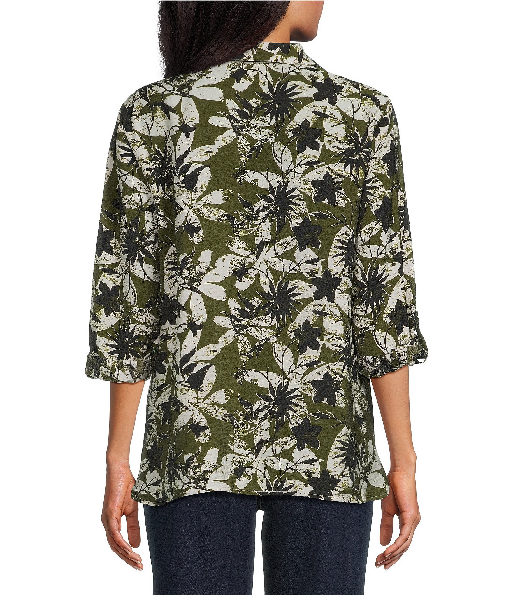 Multiples Woven Floral Multi Print Point Collar 3/4 Roll-Tab Sleeve Button-Front Crinkle Shirt