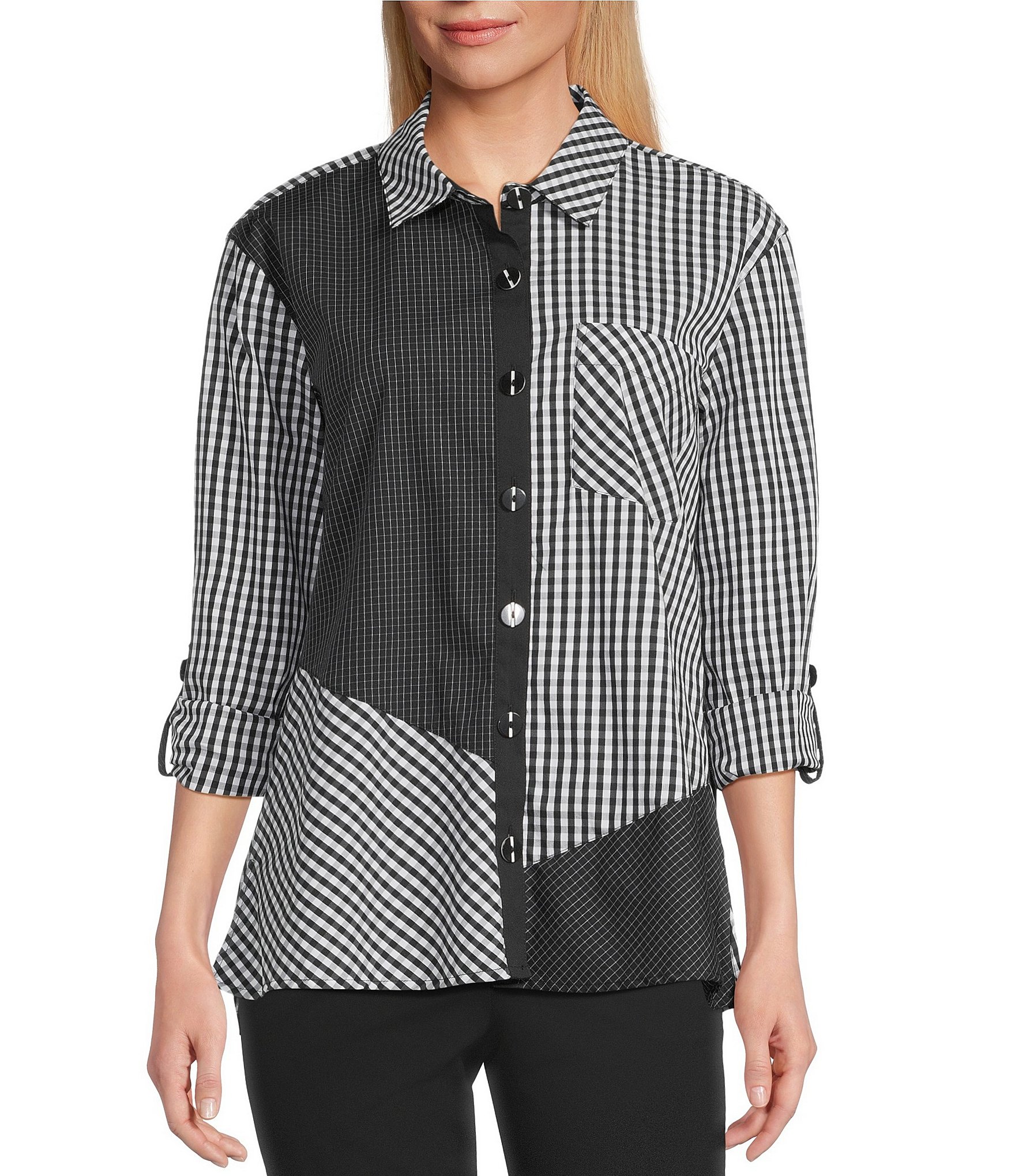 Multiples Woven Multi Plaid Check Print Point Collar 3/4 Roll-Tab Sleeve Button Front Shirt