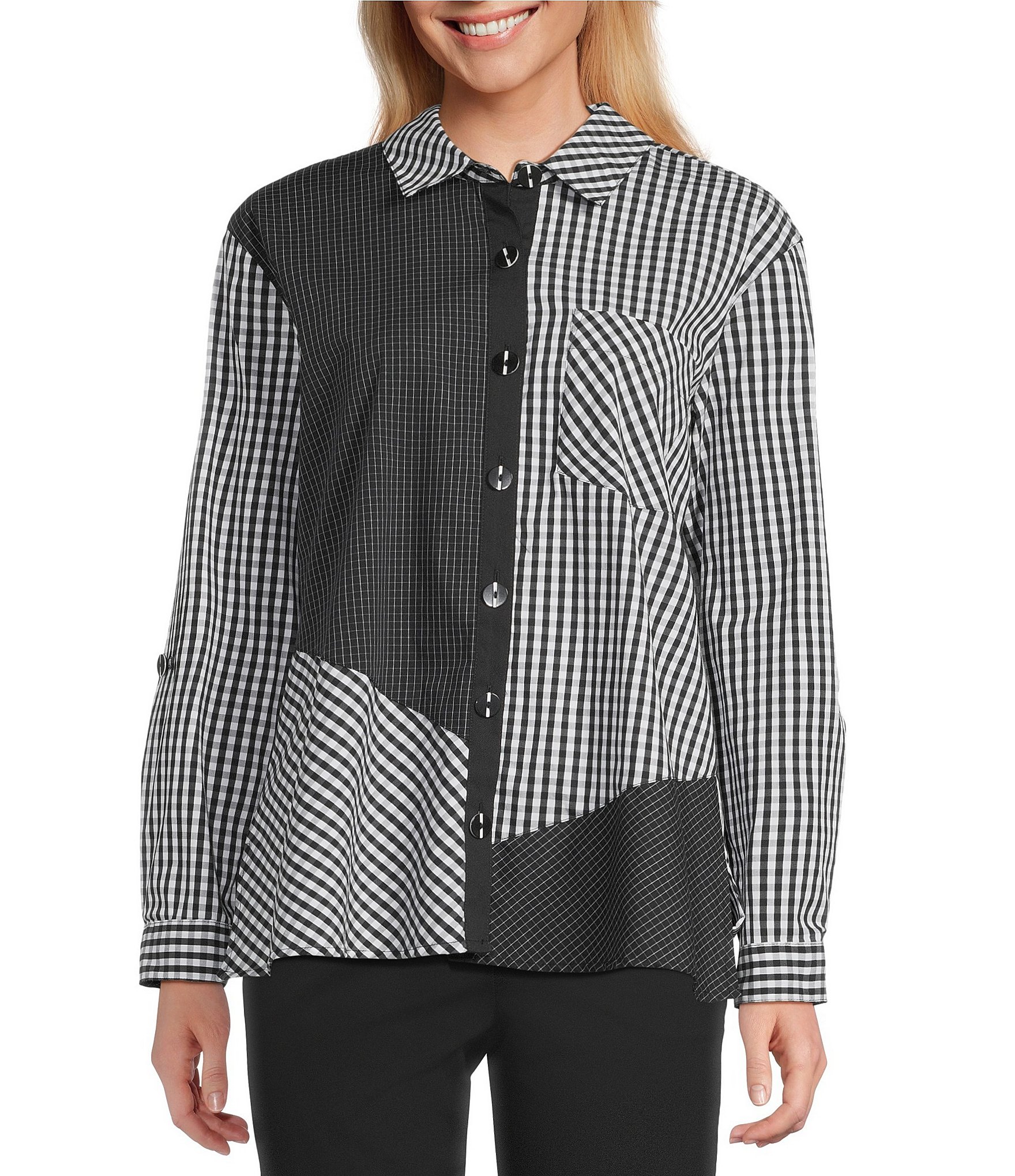 Multiples Woven Multi Plaid Check Print Point Collar 3/4 Roll-Tab Sleeve Button Front Shirt