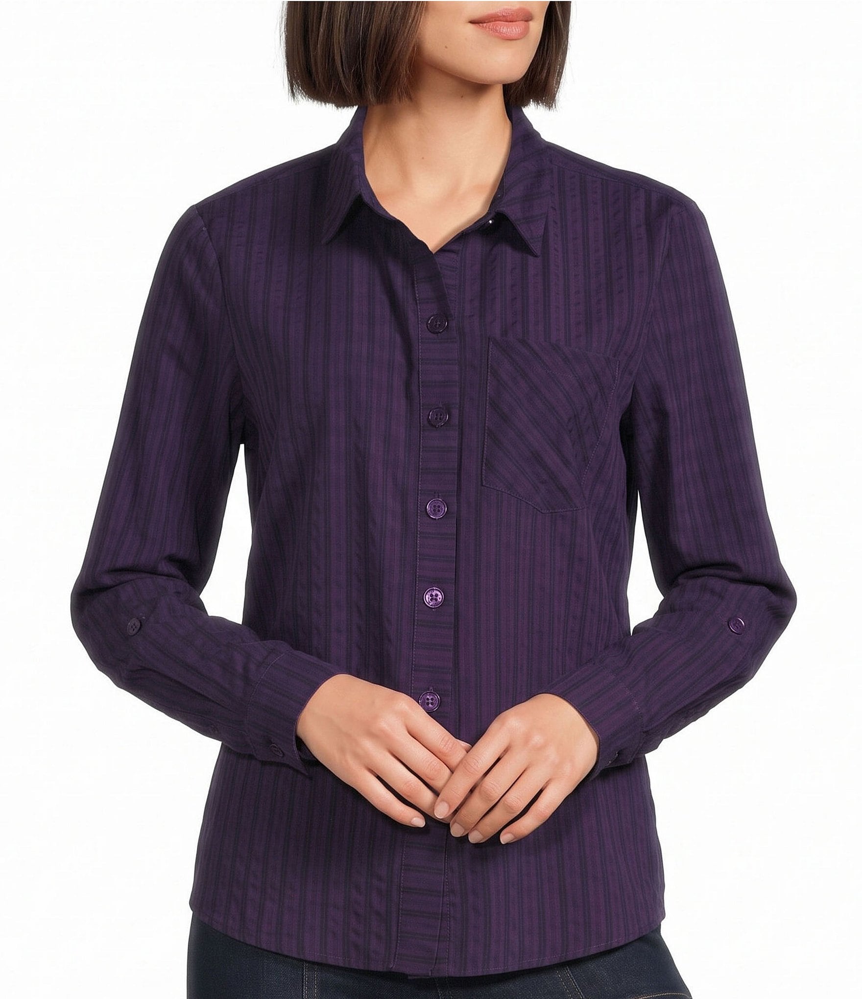 Multiples Woven Plaid And Stripe Point Collar Long Sleeve Shirt