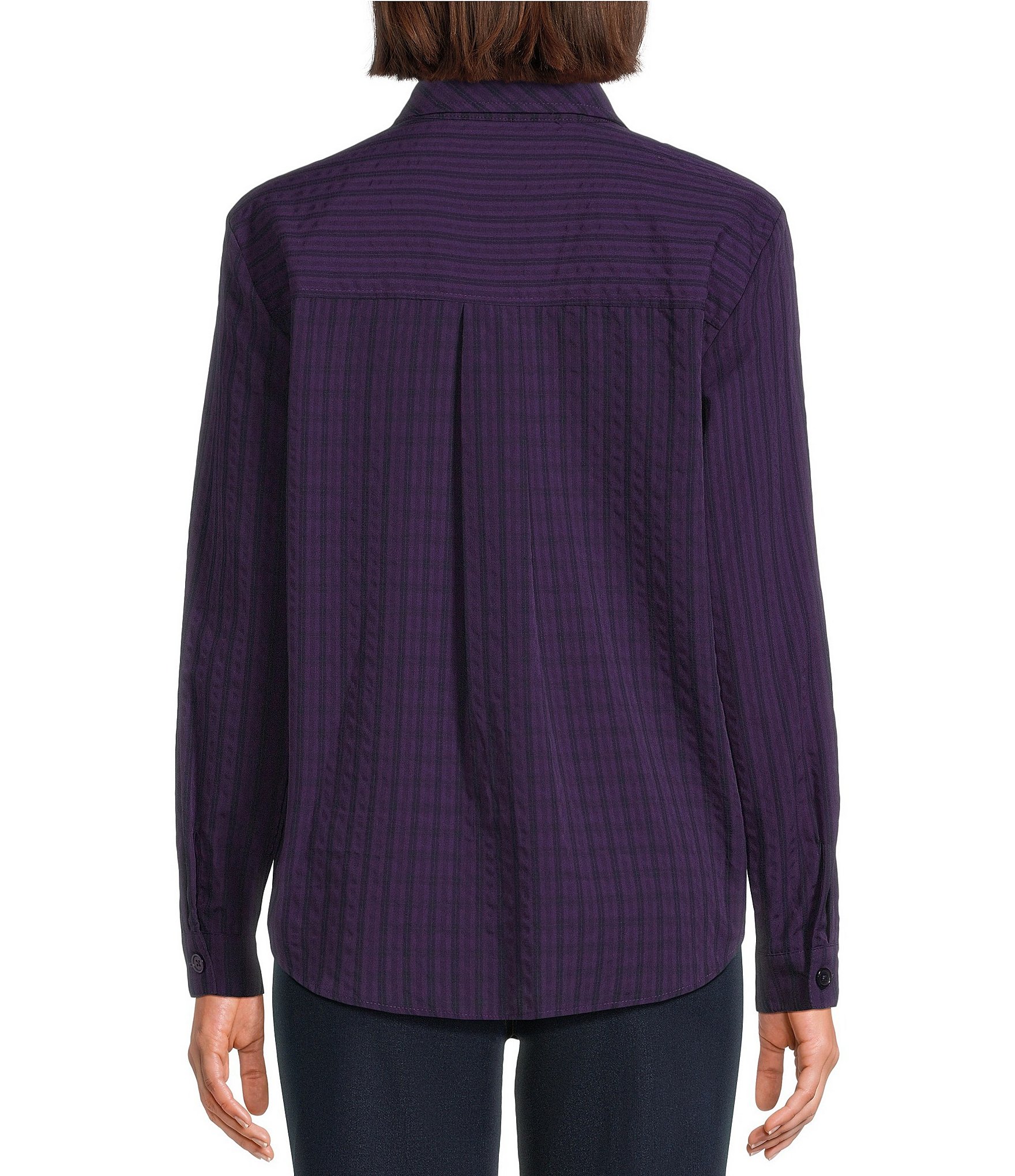 Multiples Woven Plaid And Stripe Point Collar Long Sleeve Shirt