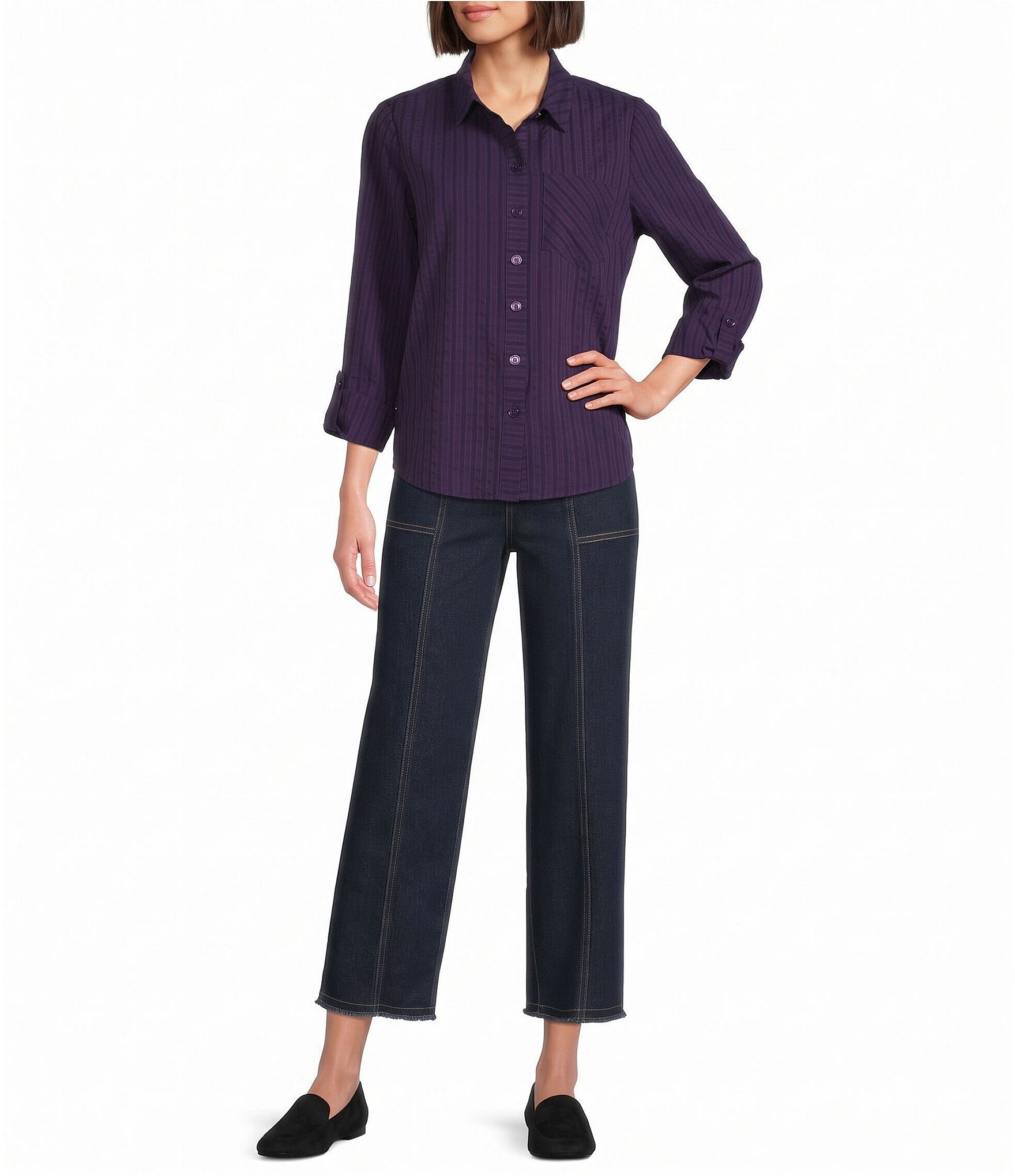 Multiples Woven Plaid And Stripe Point Collar Long Sleeve Shirt