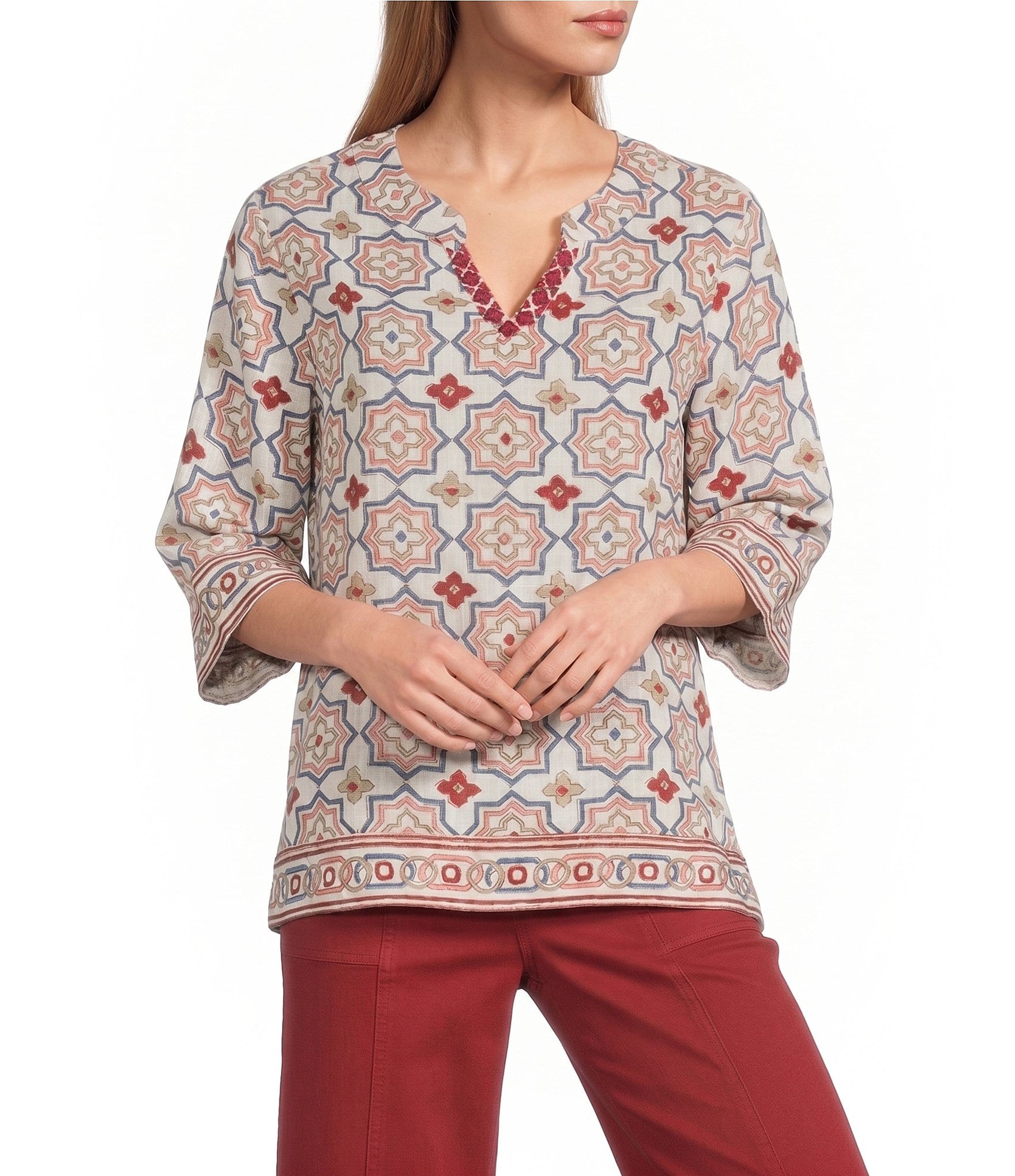 Multiples Woven Print Embroidered V-Round Neck 3 /4 Sleeve Top