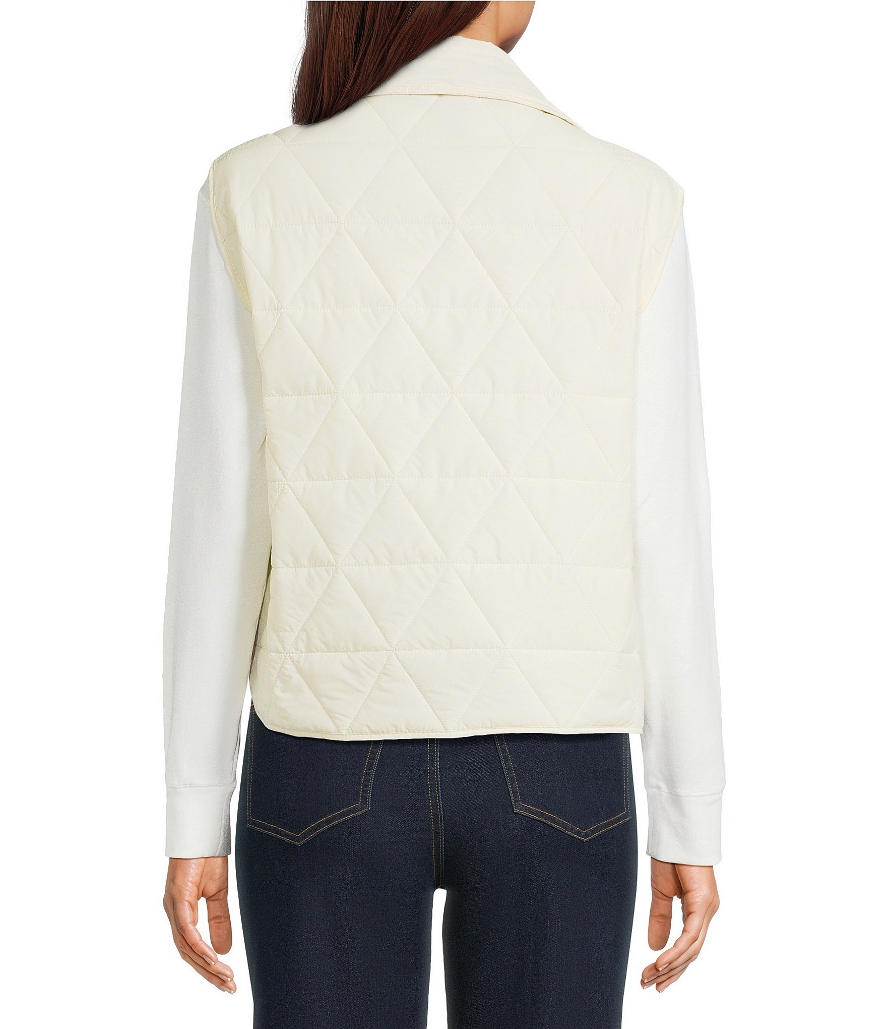 Multiples Woven Quilted Diamond Pattern Stand Collar Sleeveless Front Drawstrings Vest