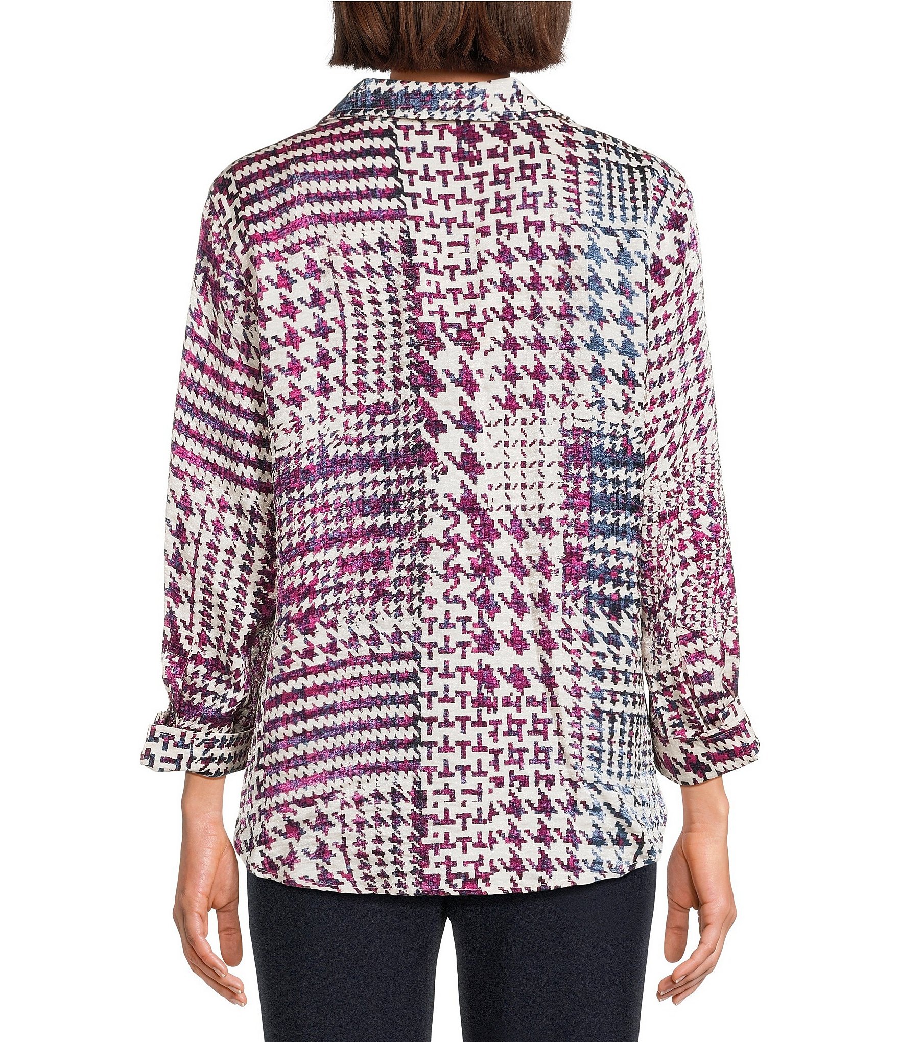Multiples Woven Shimmer Printed Collared Y-Neck 3/4 Sleeve Button Front Shirt