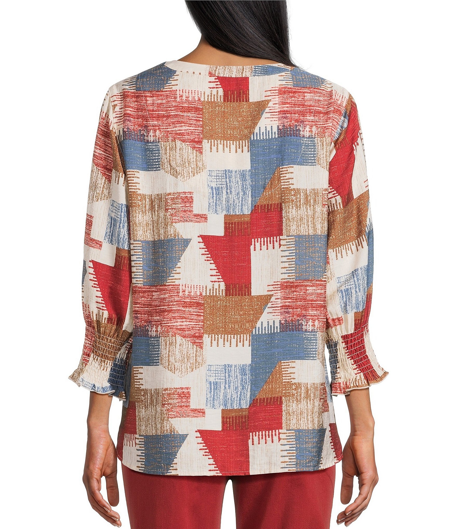 Multiples Woven Split V-Round Neck 3/4 Sleeve Pullover Top