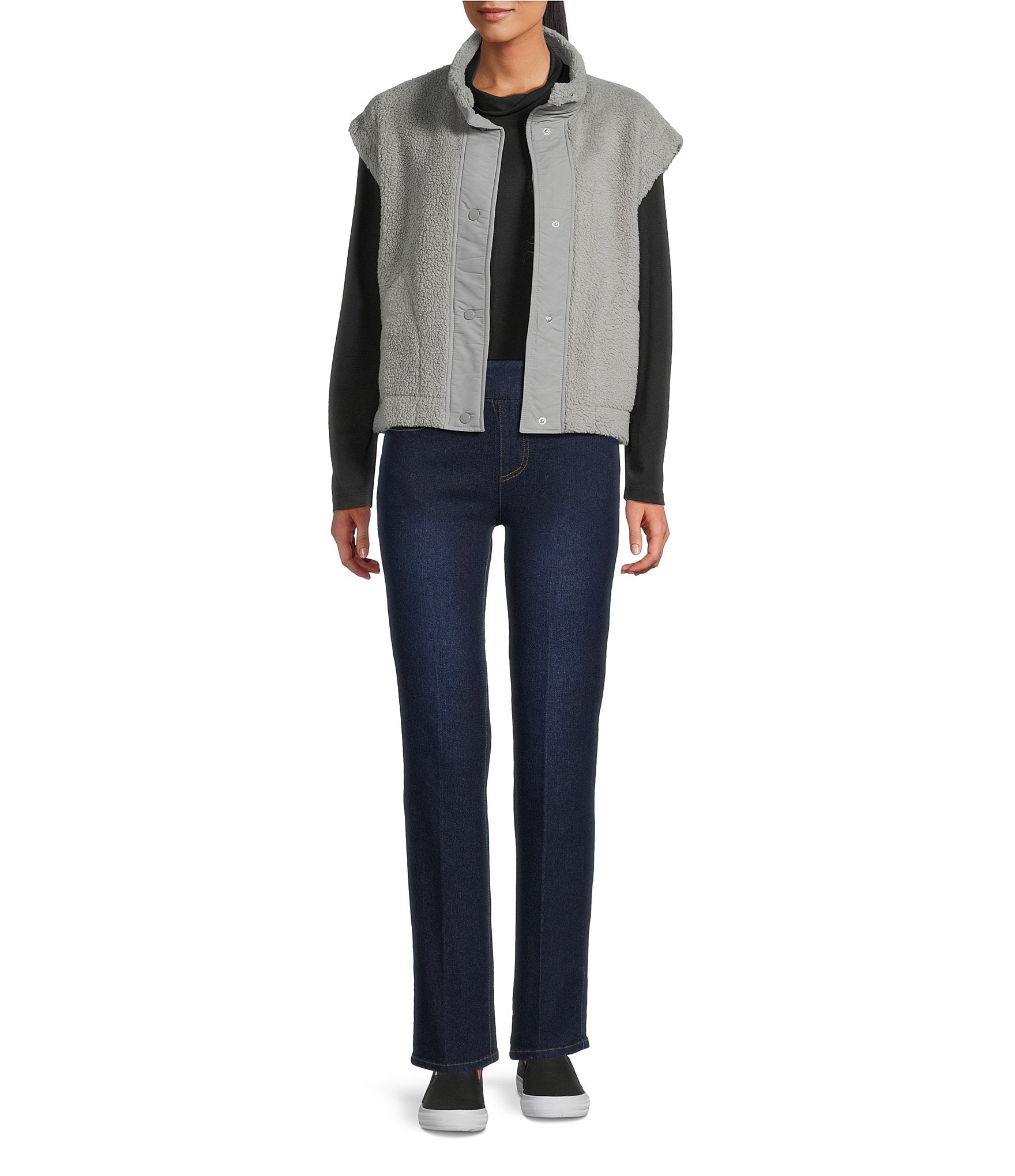 Multiples Woven Stand Collar Sleeveless Snap-Front Fitted Vest