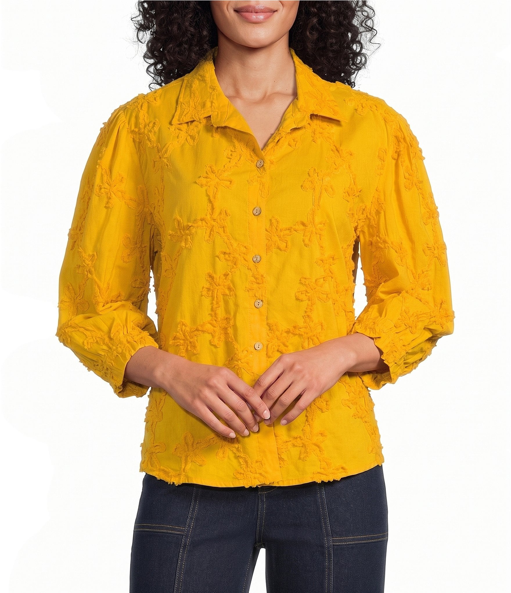 Multiples Woven Stripe Point Collar 3/4 Sleeve Shirt