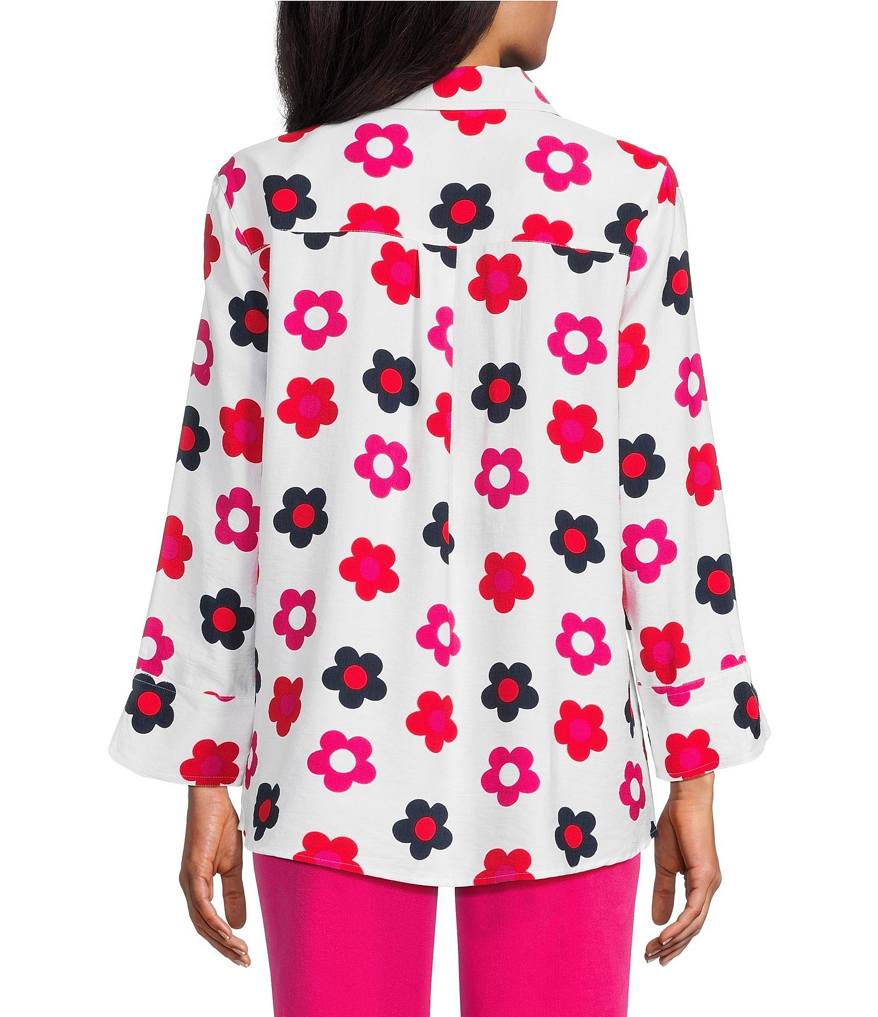 Multiples Woven Floral Print Point Collar 3/4 Turn-Up Sleeve Button Front Shirt