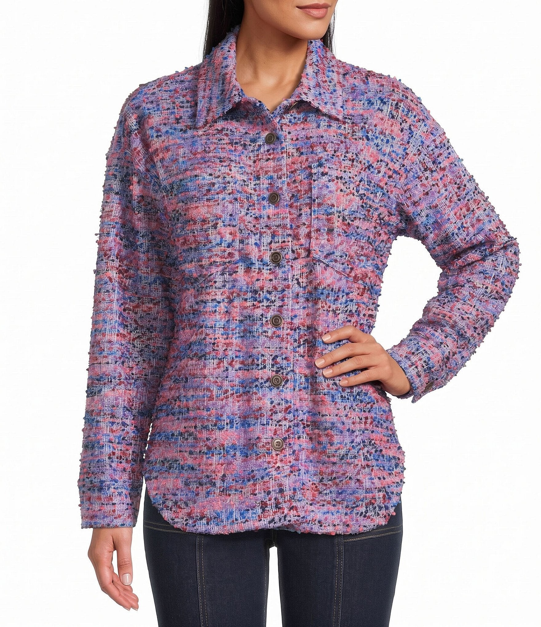 Multiples Woven Tweed Multi Print Point Collar Long Sleeve Button Front Shirt