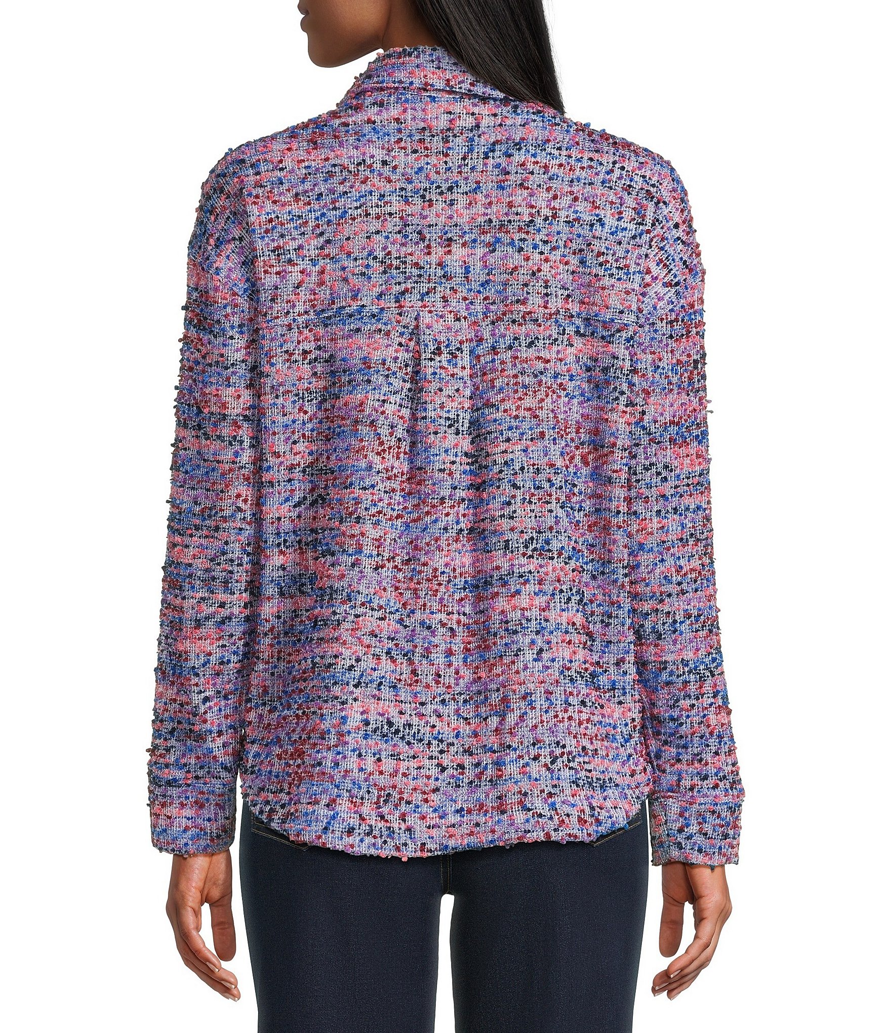 Multiples Woven Tweed Multi Print Point Collar Long Sleeve Button Front Shirt