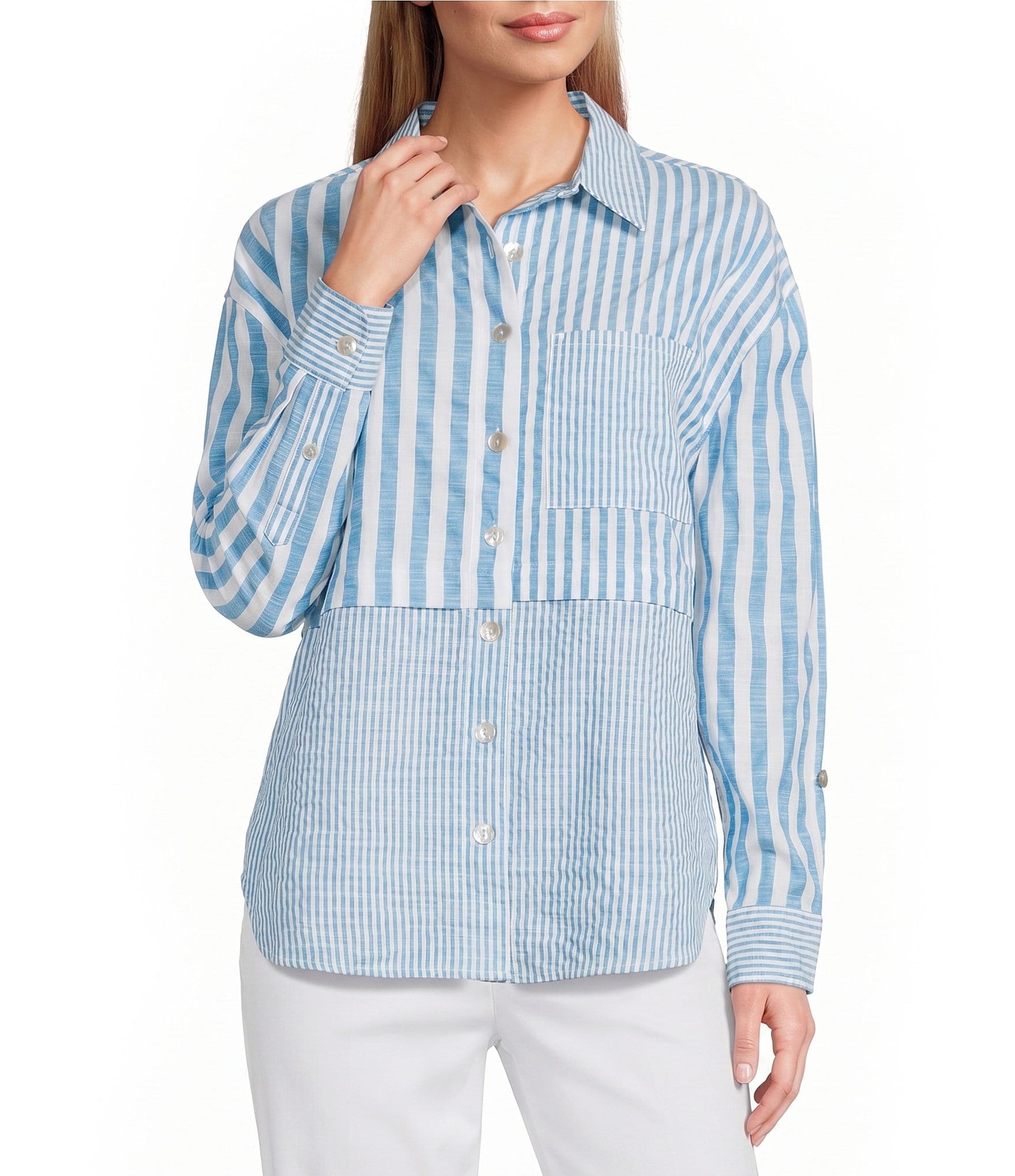 Multiples Yarn-Dye Stripe Point Collar Long Roll-Tab Sleeve Button-Front Shirt