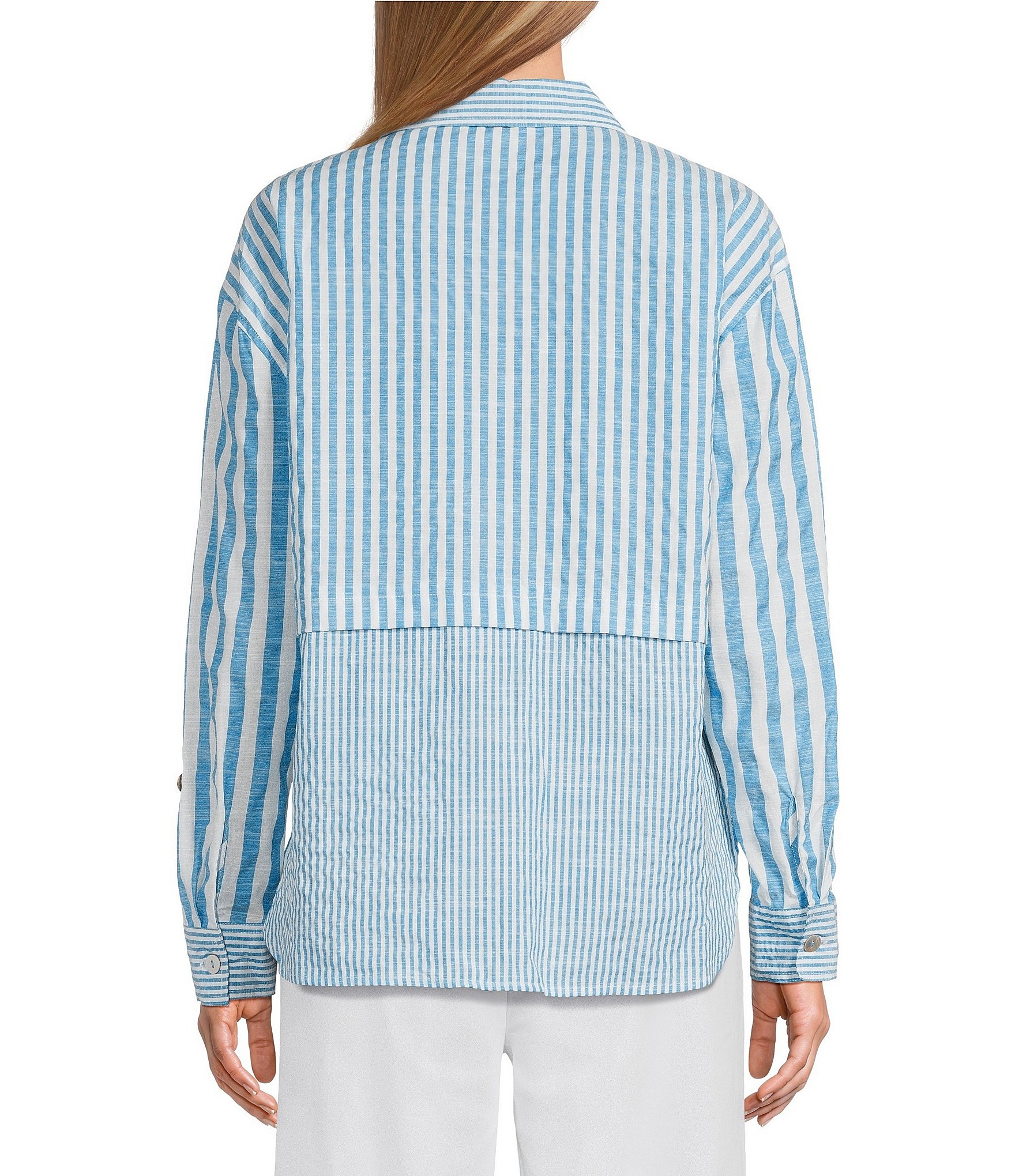 Multiples Yarn-Dye Stripe Point Collar Long Roll-Tab Sleeve Button-Front Shirt
