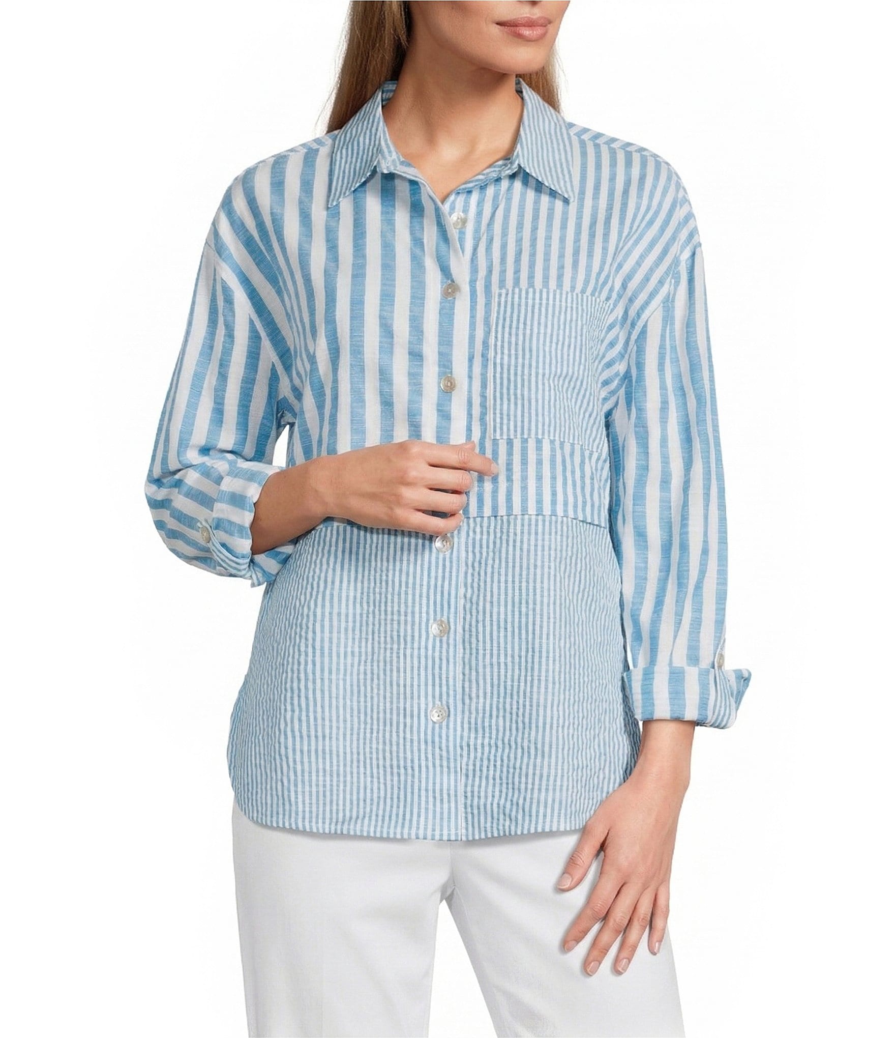 Multiples Yarn-Dye Stripe Point Collar Long Roll-Tab Sleeve Button-Front Shirt