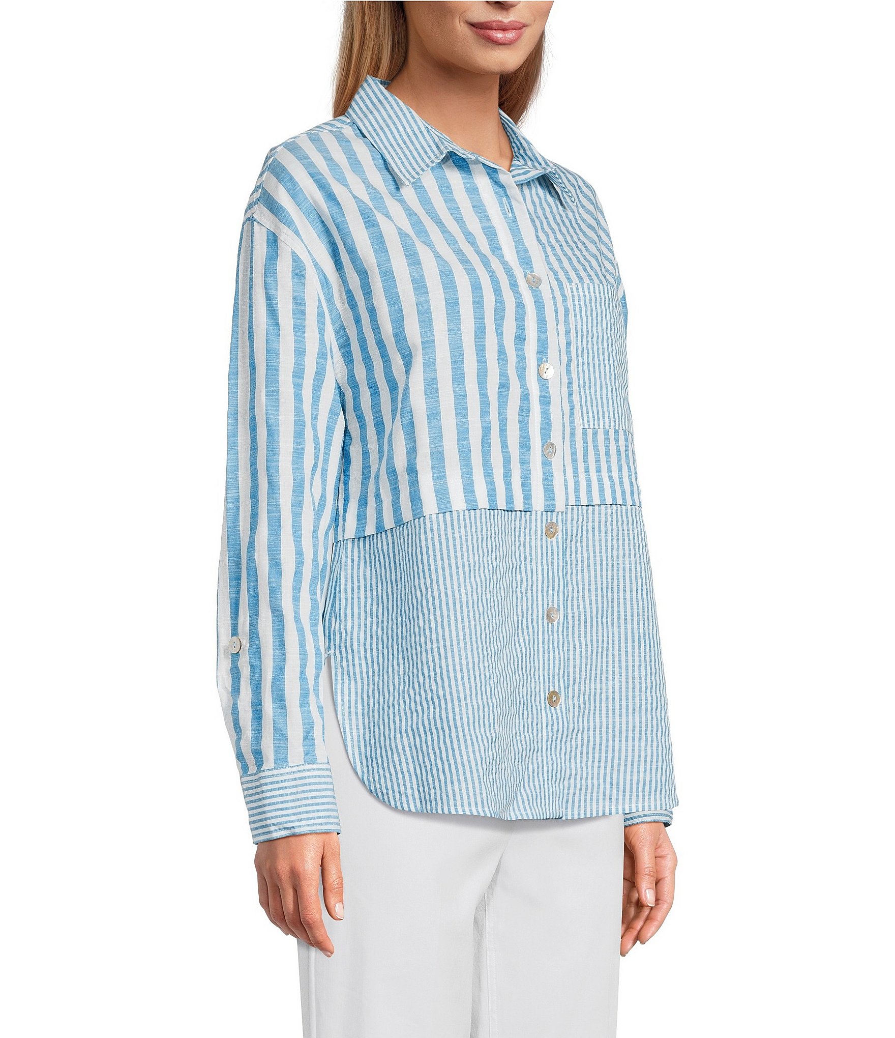 Multiples Yarn-Dye Stripe Point Collar Long Roll-Tab Sleeve Button-Front Shirt