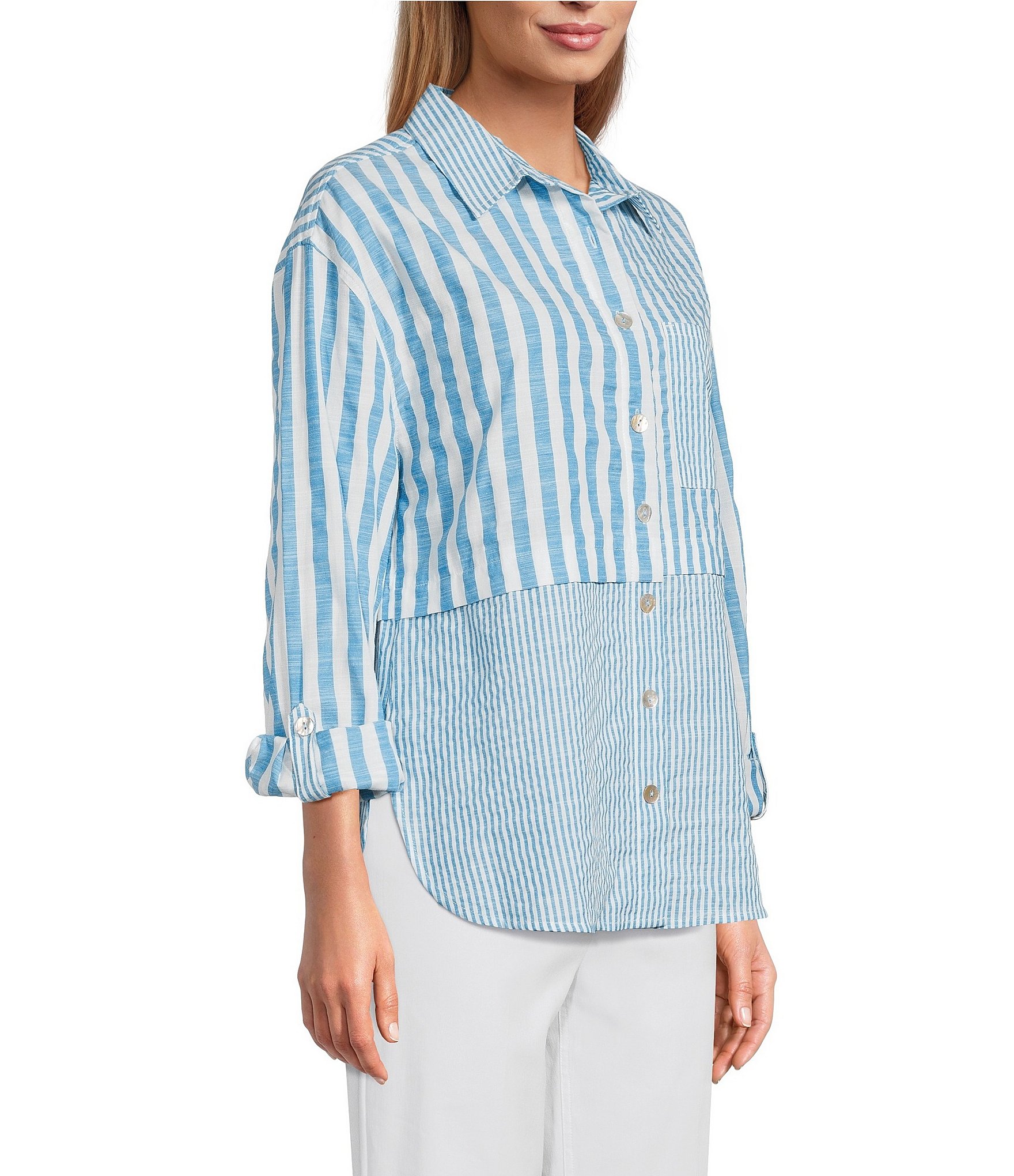 Multiples Yarn-Dye Stripe Point Collar Long Roll-Tab Sleeve Button-Front Shirt