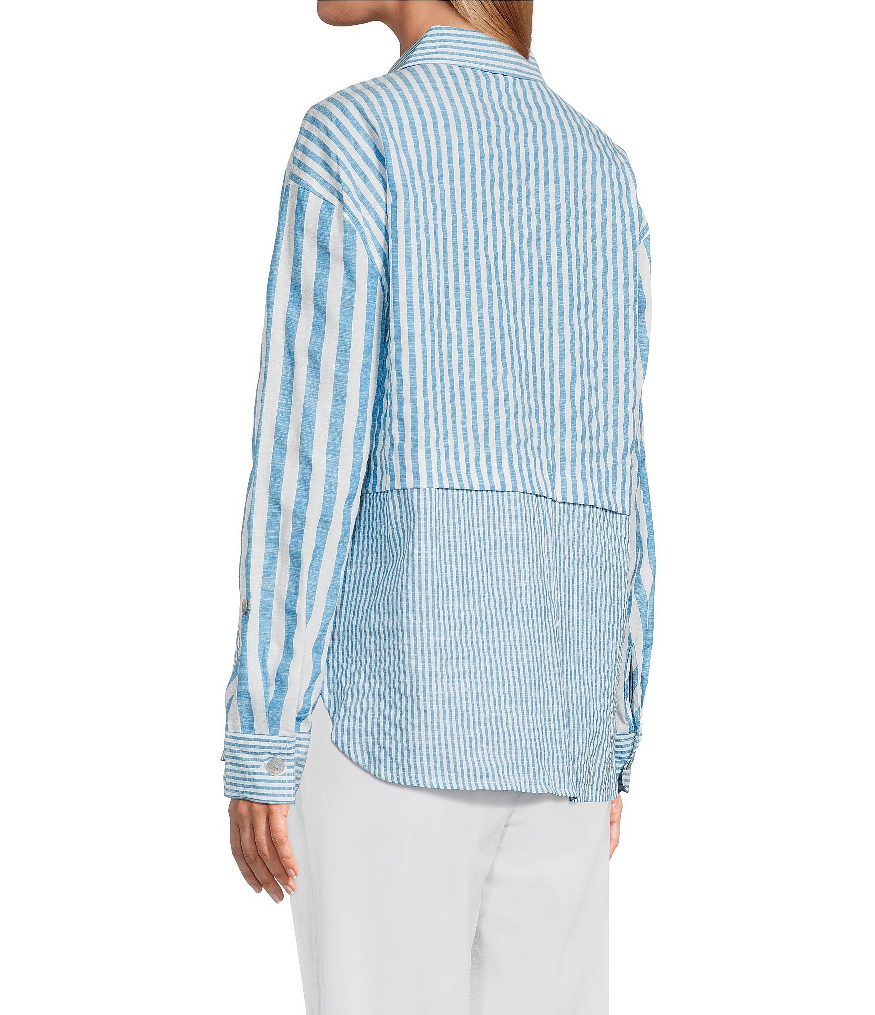 Multiples Yarn-Dye Stripe Point Collar Long Roll-Tab Sleeve Button-Front Shirt