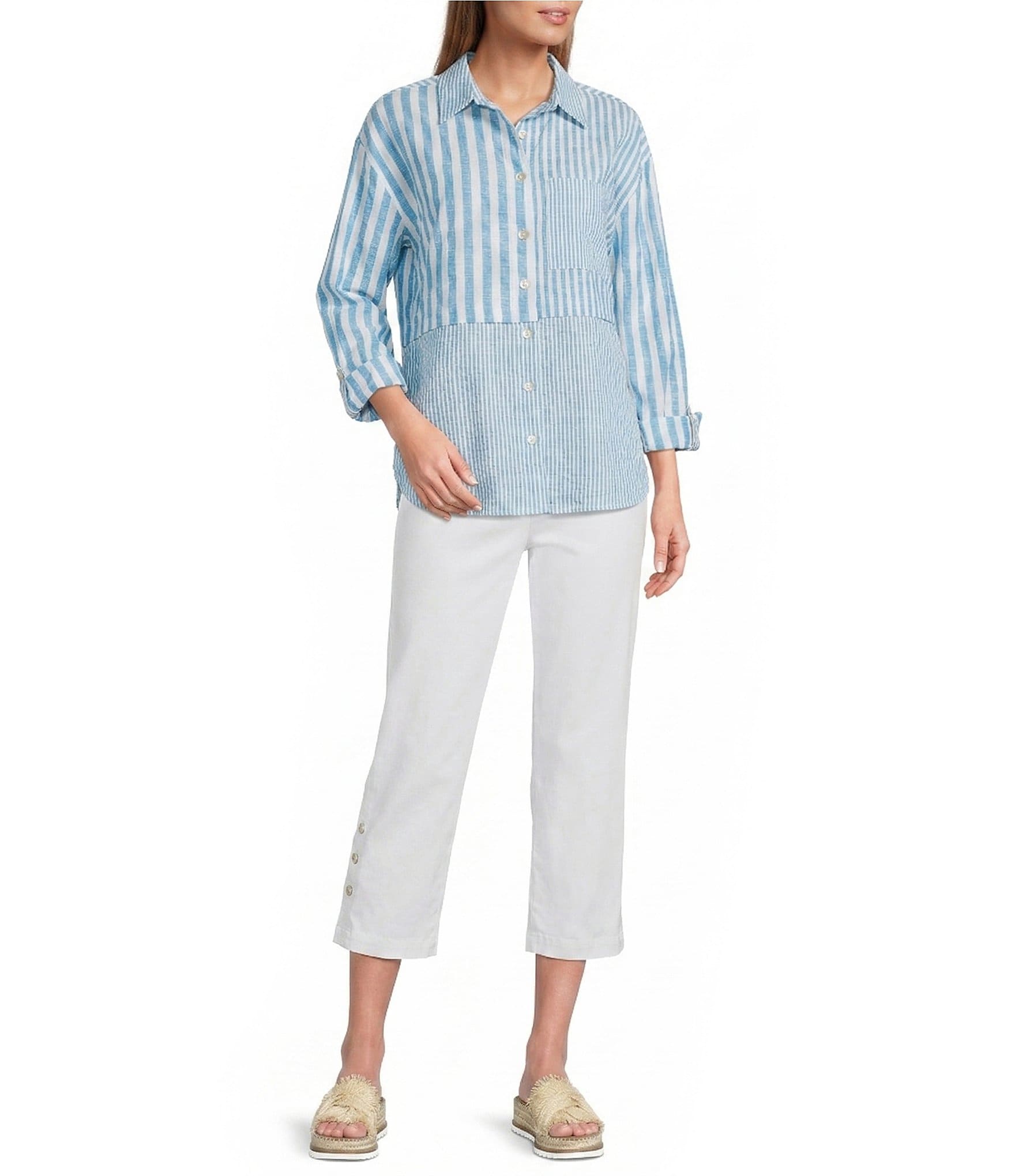 Multiples Yarn-Dye Stripe Point Collar Long Roll-Tab Sleeve Button-Front Shirt