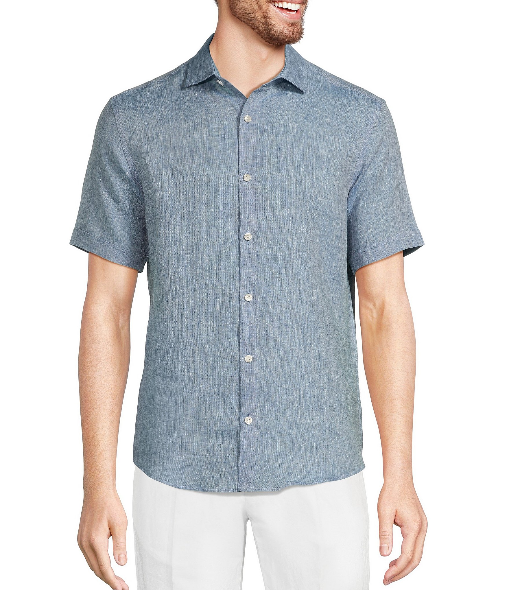 Murano Baird McNutt Linen Solid Short Sleeve Woven Shirt