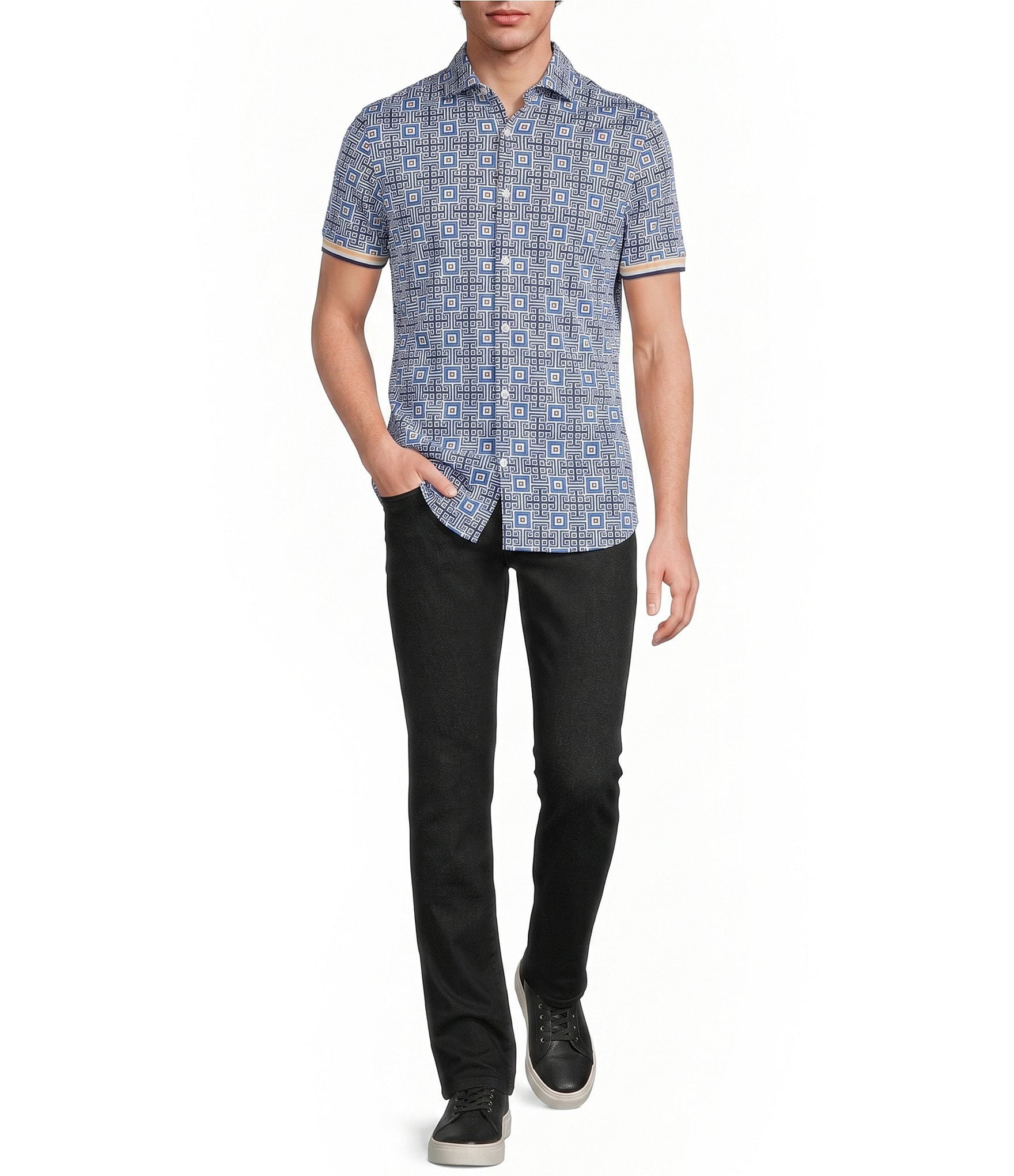 Murano Big & Tall Saronic Islands Greece Collection Slim Fit Geo Print Short Sleeve Button Shirt