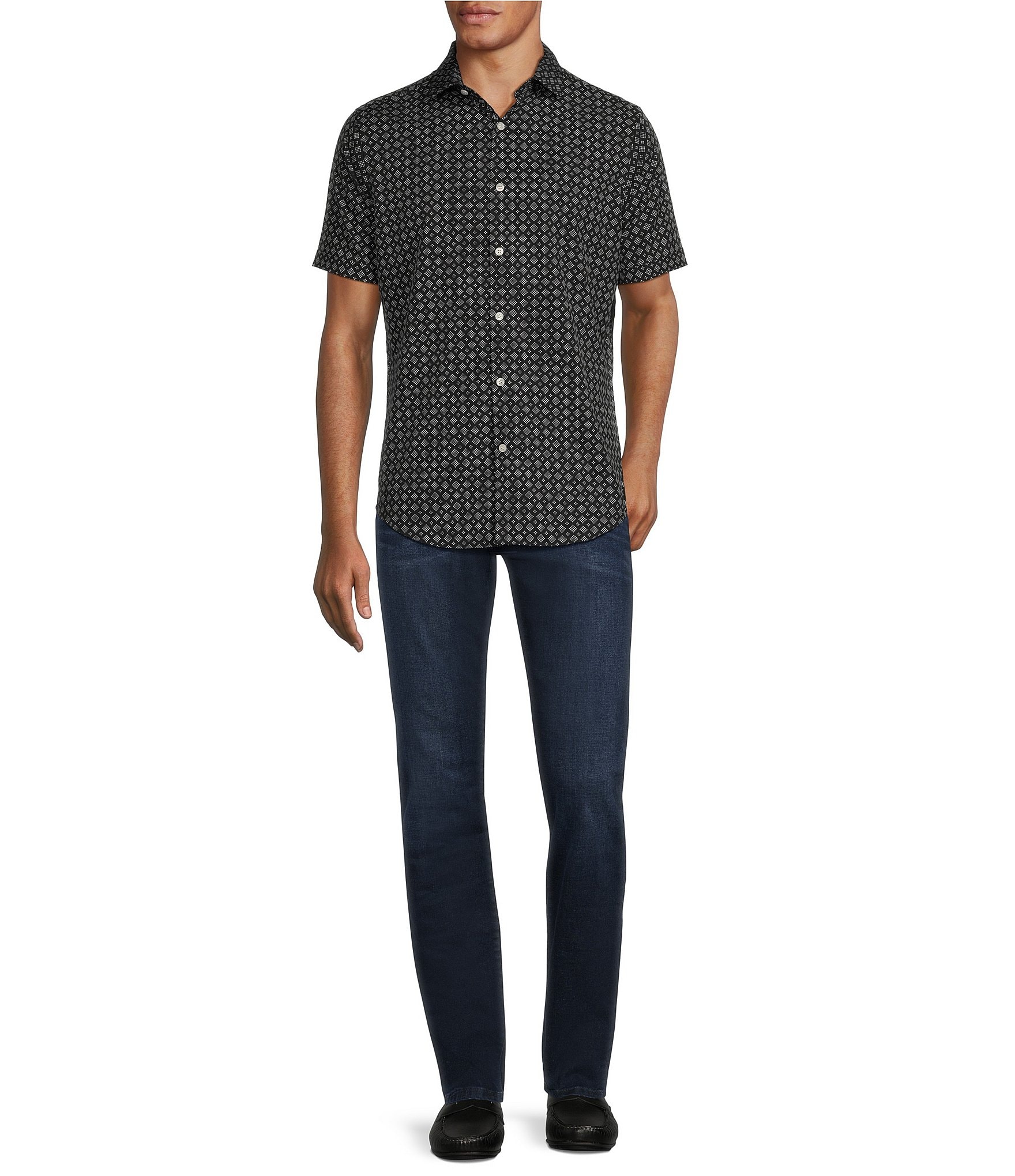 Murano Big & Tall Slim Fit Performance Stretch Short Sleeve Small Diamond Print Woven Shirt