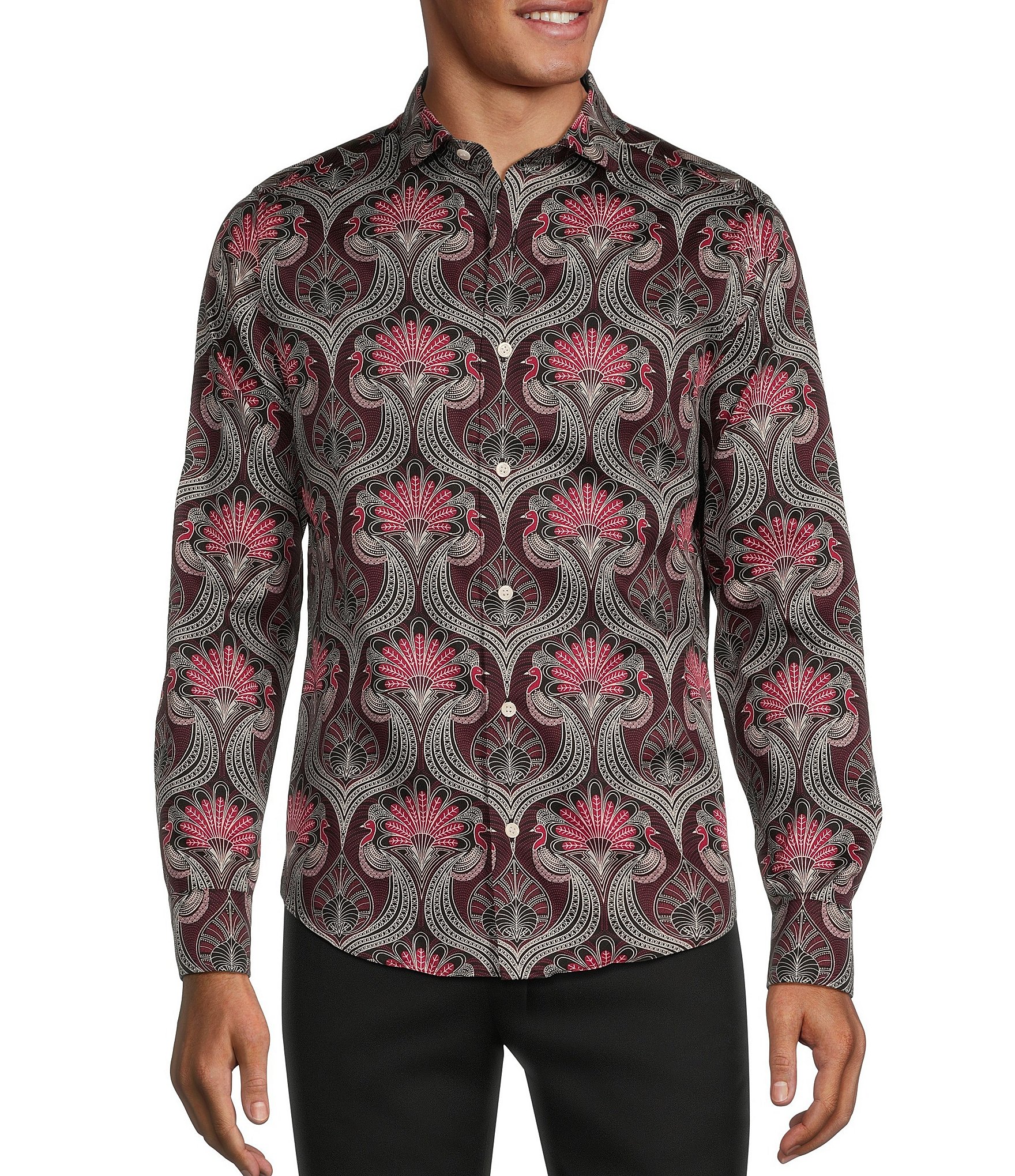 Murano Big & Tall Timeless Twenties Collection Slim Fit Deco Peacock Long Sleeve Woven Shirt