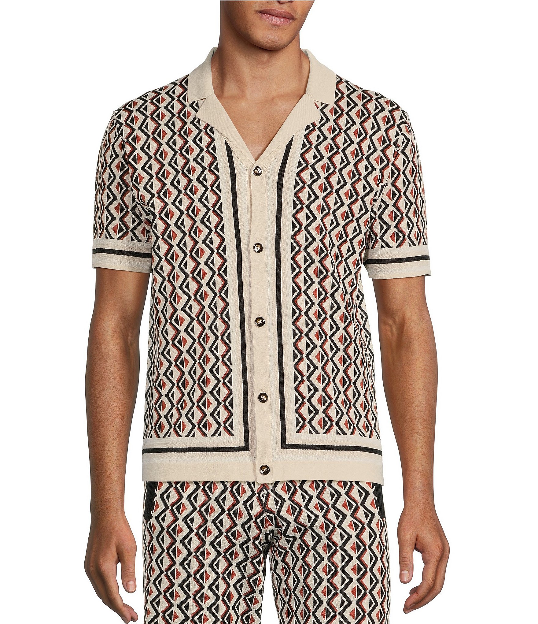 Murano Camp Disco Collection Geo Jacquard Short Sleeve Camp Sweater ...