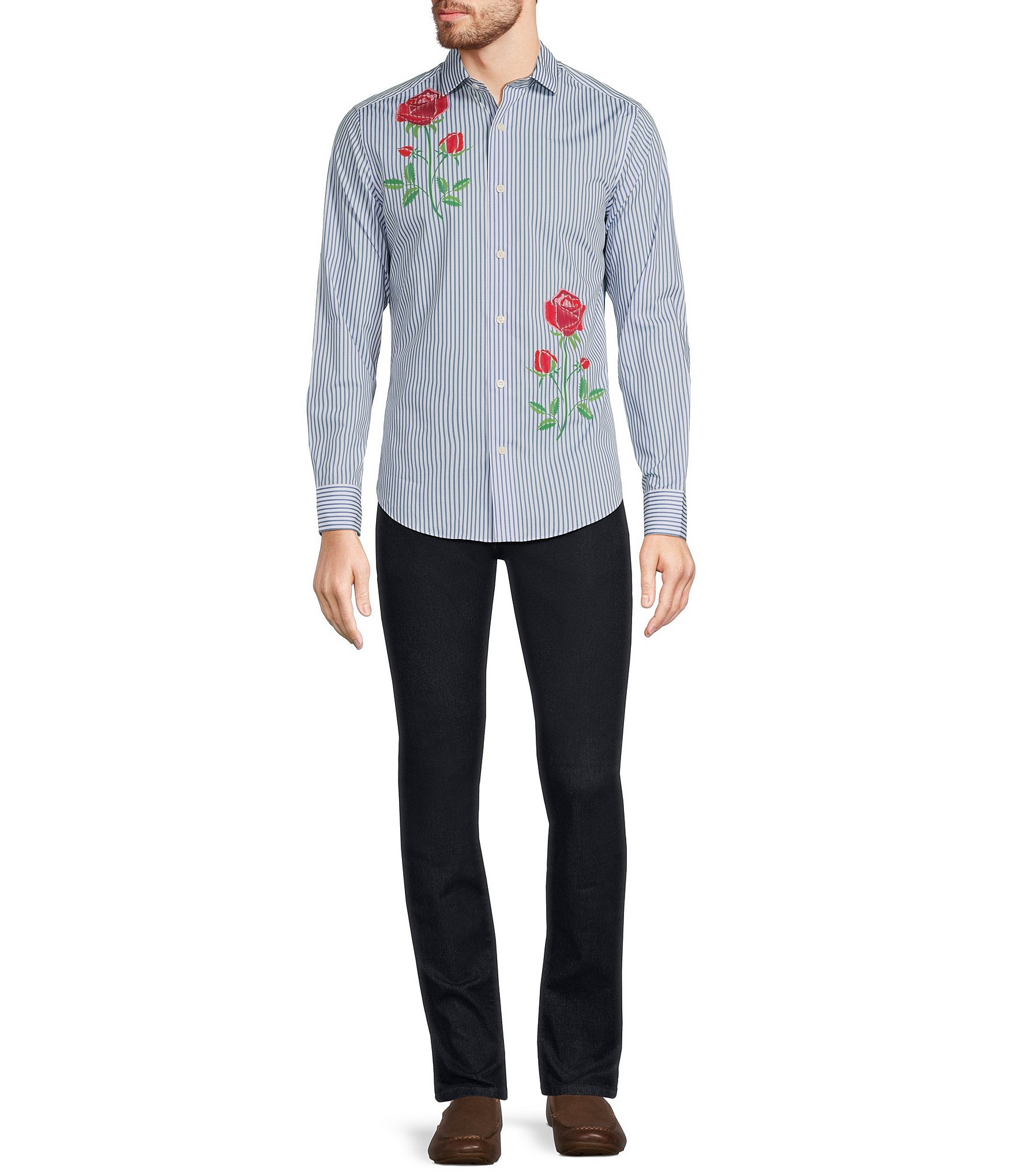 Murano Corsa Di Cavalli Derby Collection Slim-Fit Placed Rose Stripe Print Long Sleeve Woven Shirt