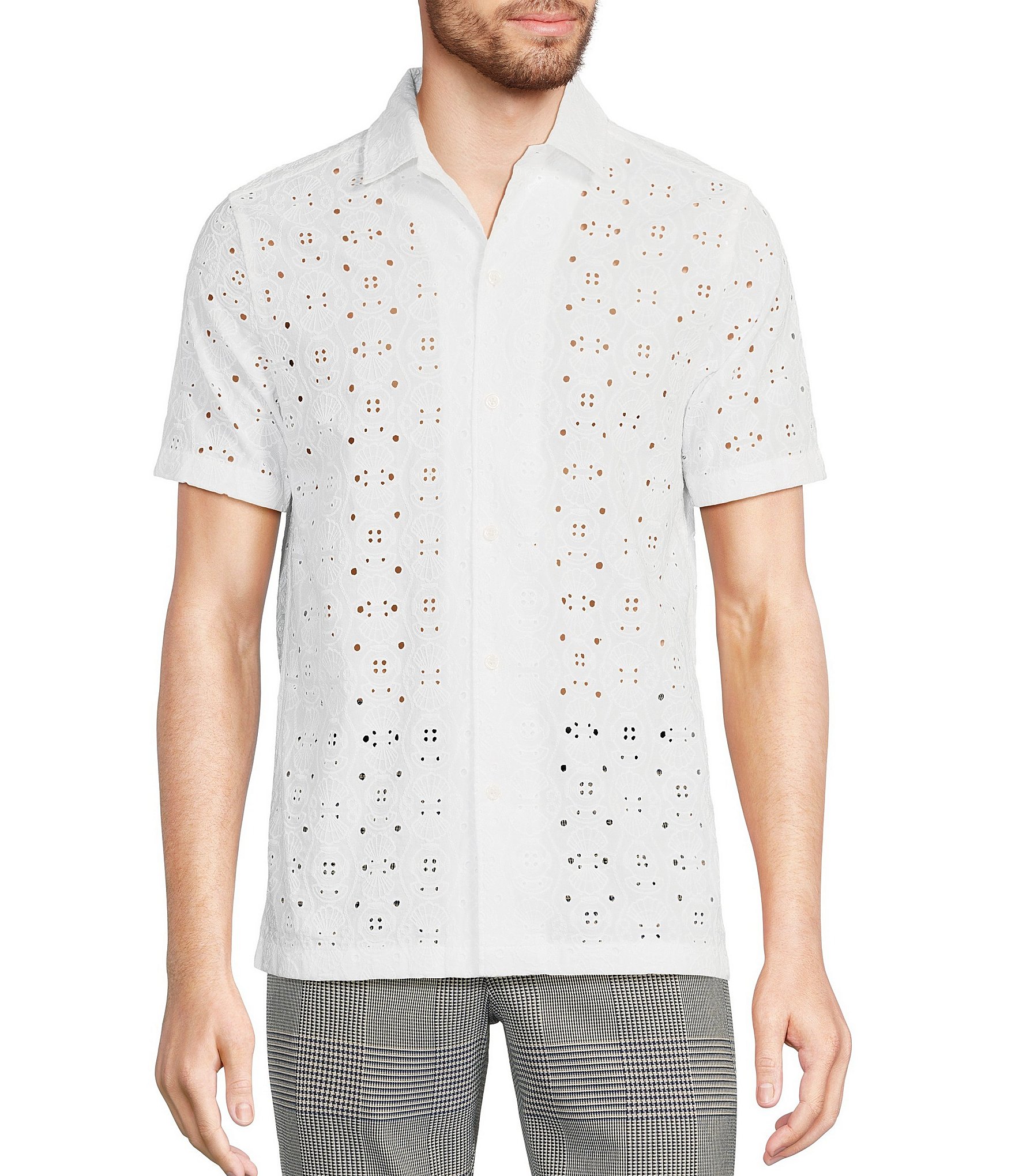 Cino | St Lucia White Eyelet Button Down Shirt | Medium - White