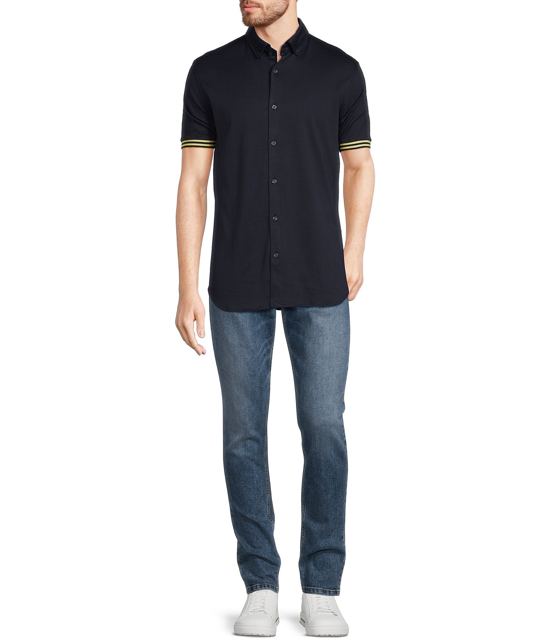 Murano Modern Maritime Collection Slim-Fit Jacquard Short-Sleeve Shirt