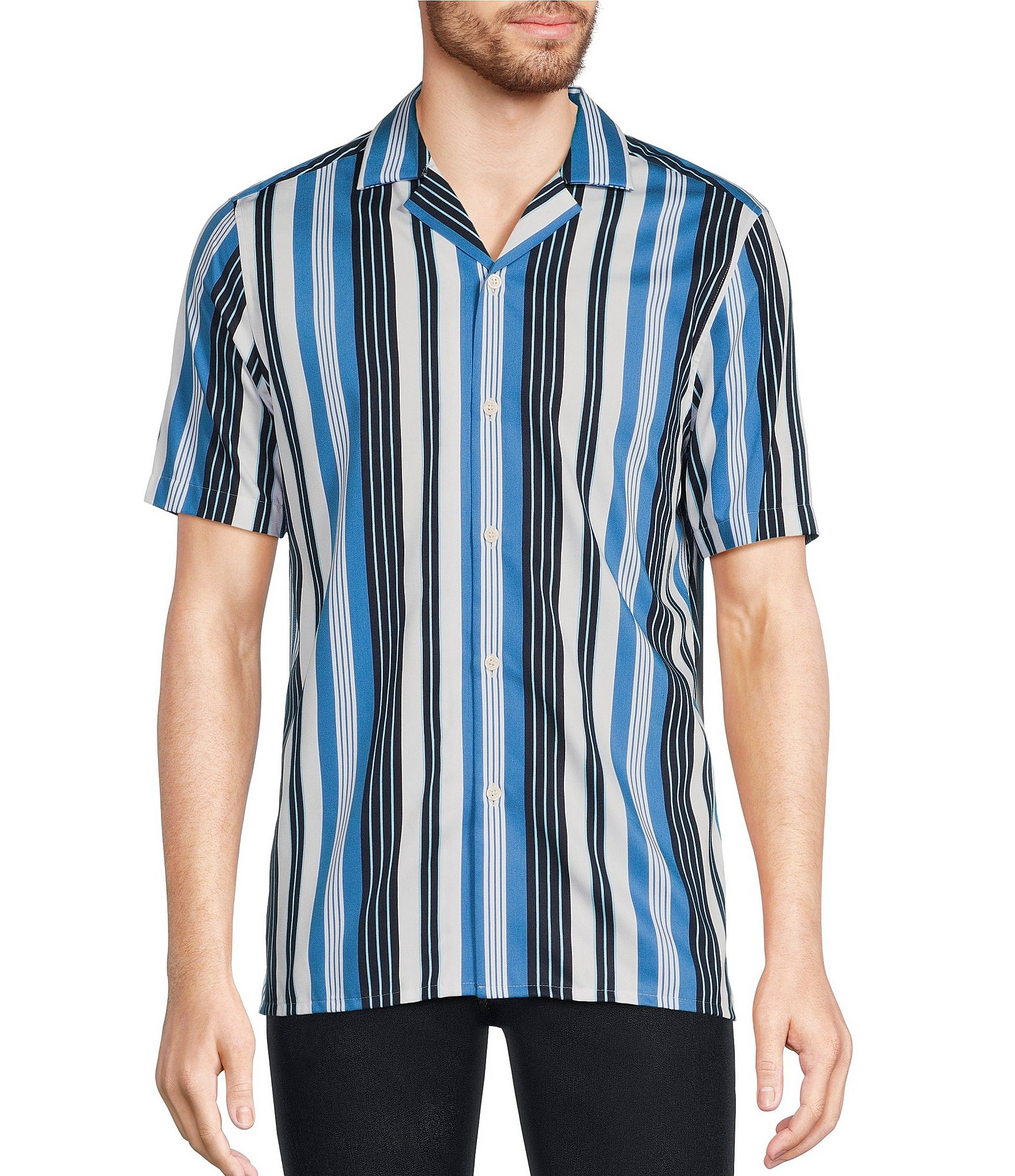 Murano Modern Maritime Collection Slim-Fit Stripe Camp Short Sleeve Woven Shirt