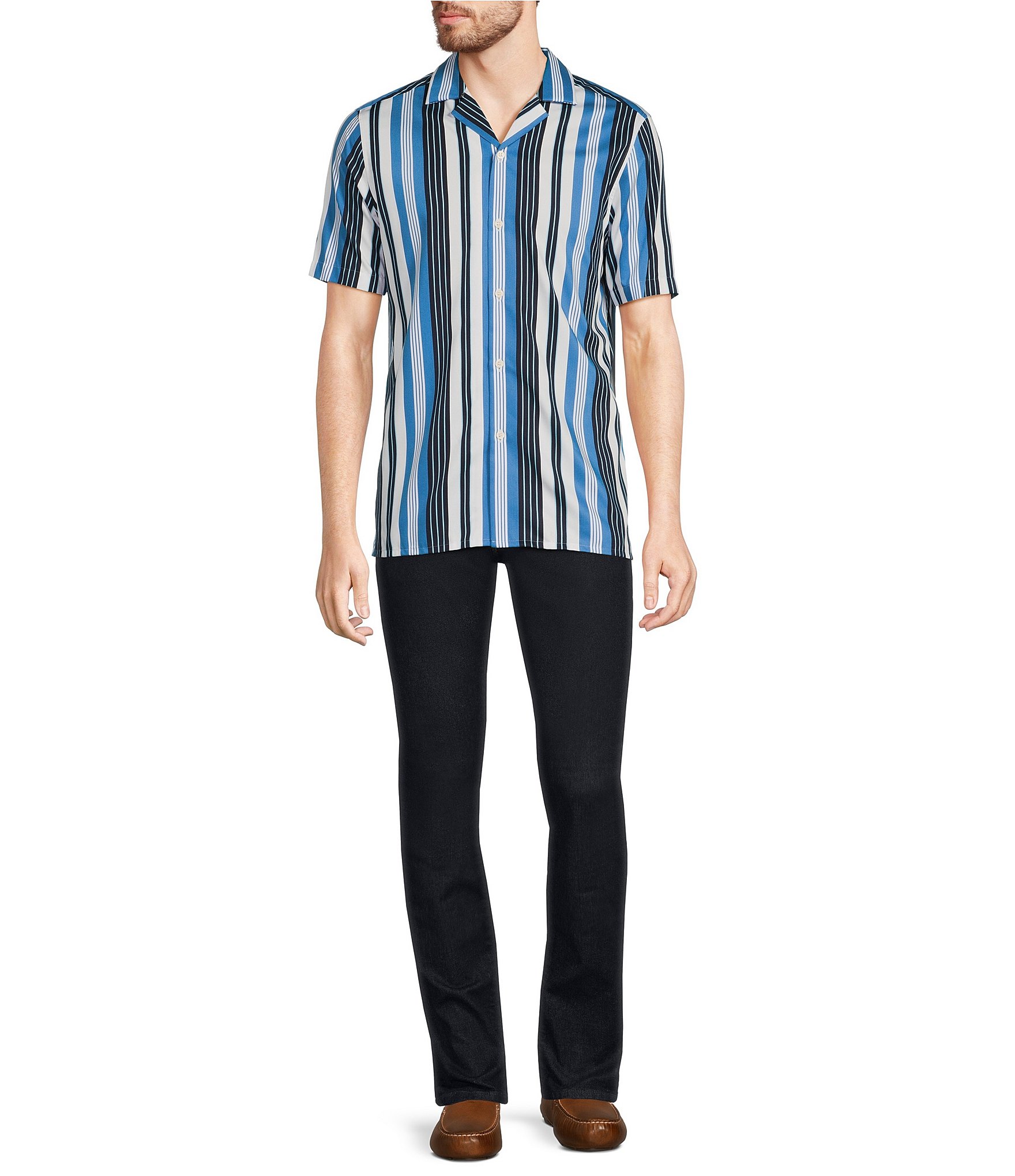 Murano Modern Maritime Collection Slim-Fit Stripe Camp Short Sleeve Woven Shirt