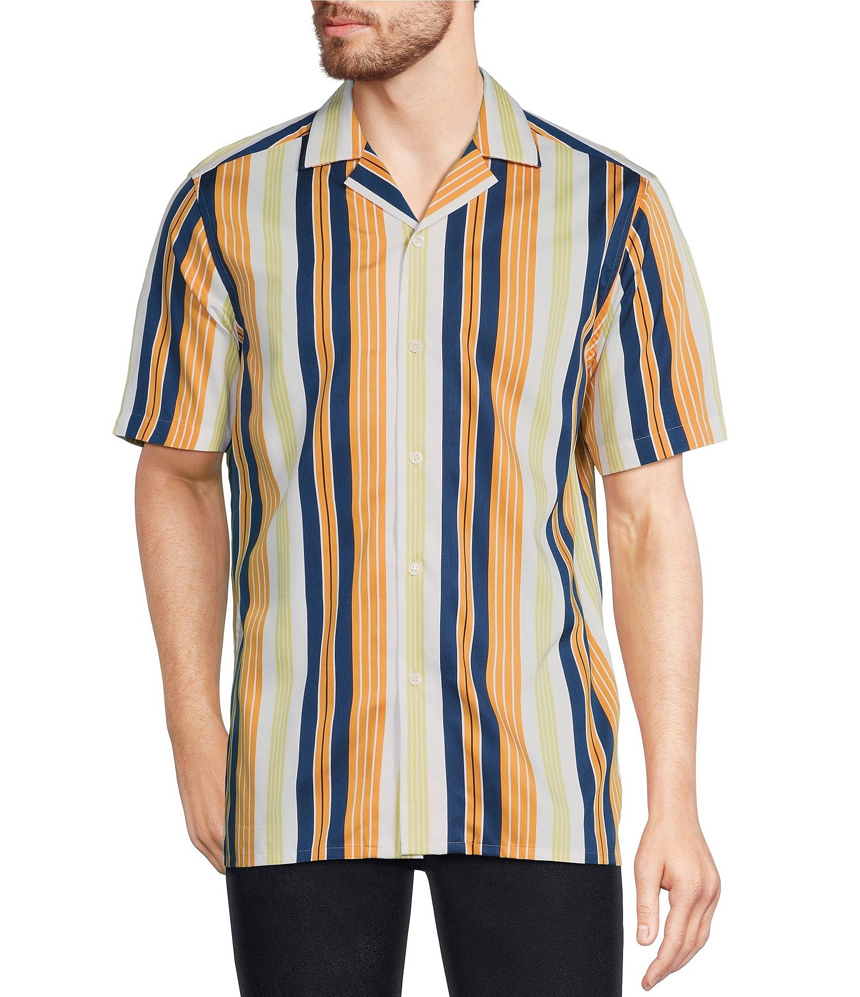 Murano Modern Maritime Collection Slim-Fit Stripe Camp Short Sleeve Woven Shirt