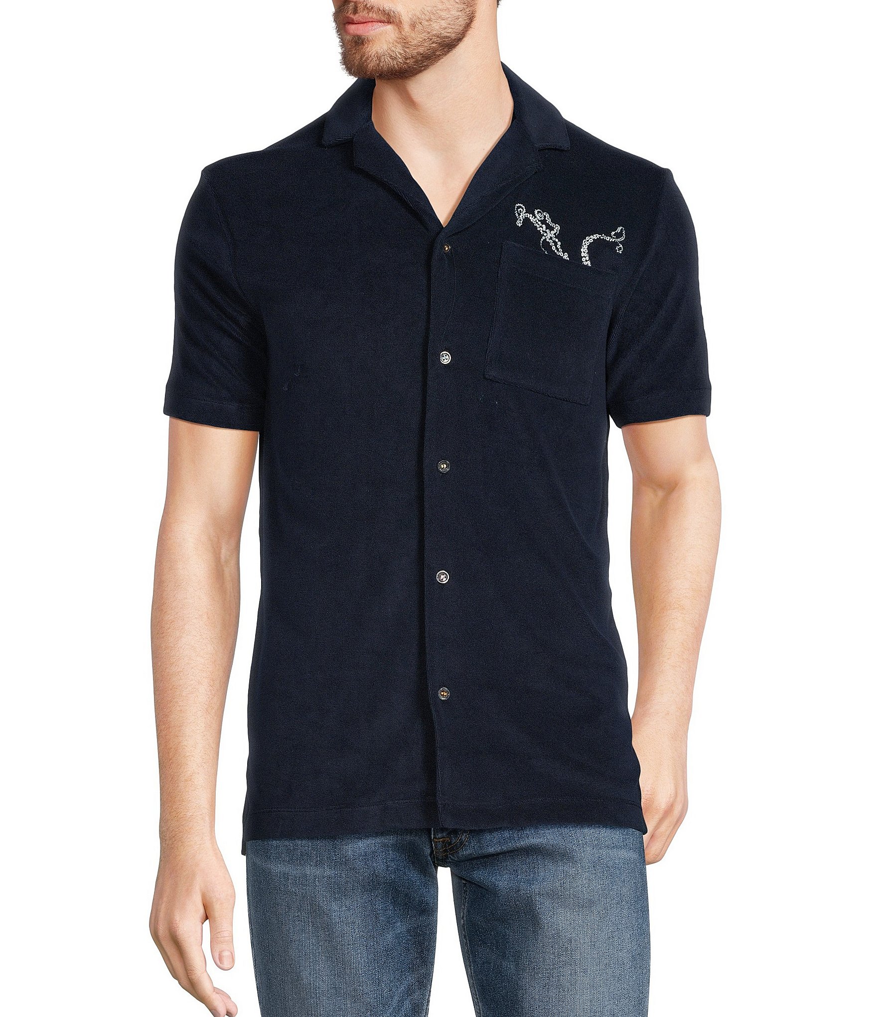 Murano Modern Maritime Collection Slim-Fit Terry Embroidered Short Sleeve Woven Camp Shirt