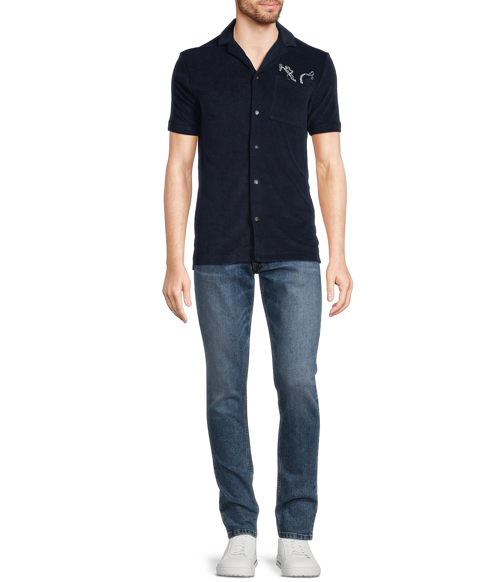 Murano Modern Maritime Collection Slim-Fit Terry Embroidered Short Sleeve Woven Camp Shirt