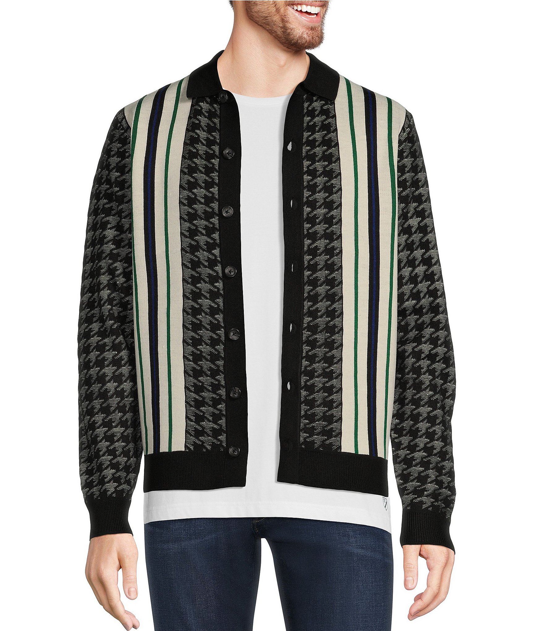 Murano Prehistoric Prep Collection Houndtooth Stripe Cardigan