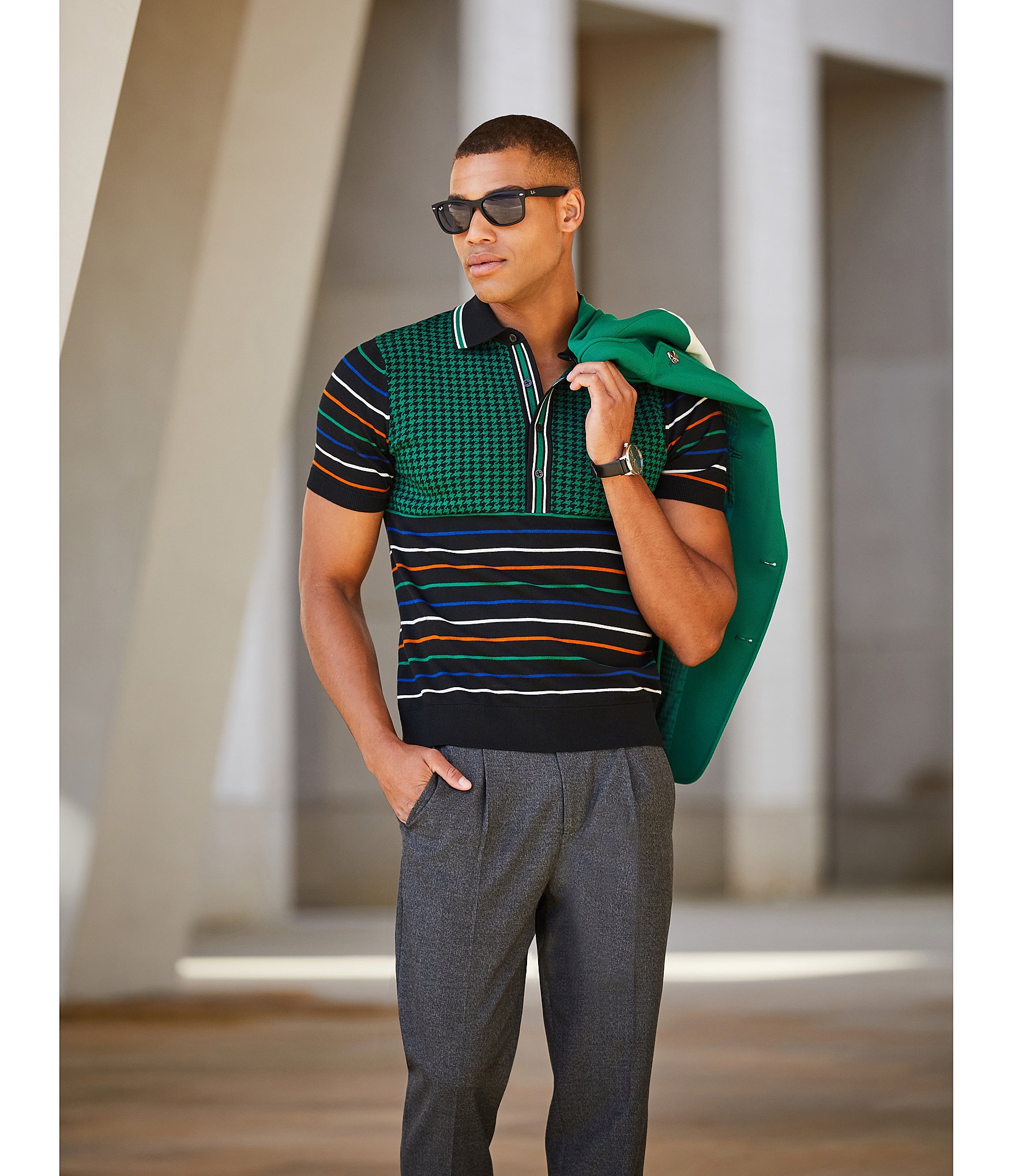 Murano Prehistoric Prep Slim Fit Striped Jacquard Polo Sweater