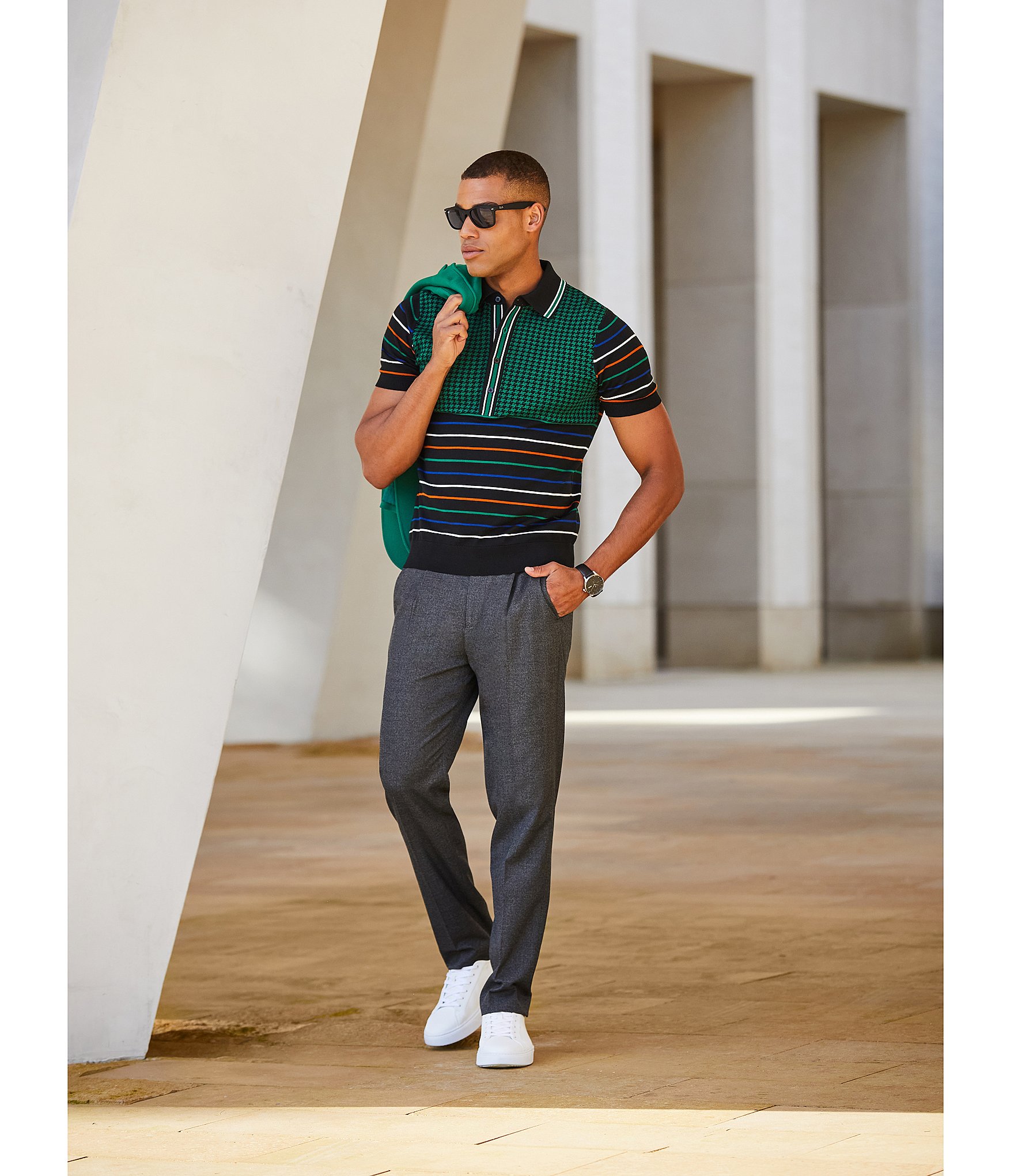 Murano Prehistoric Prep Slim Fit Striped Jacquard Polo Sweater