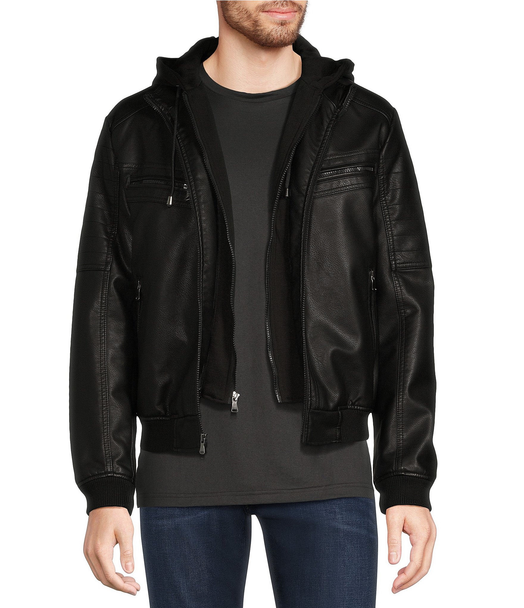 Murano PU Bomber with Knit Hood Faux Leather Jacket