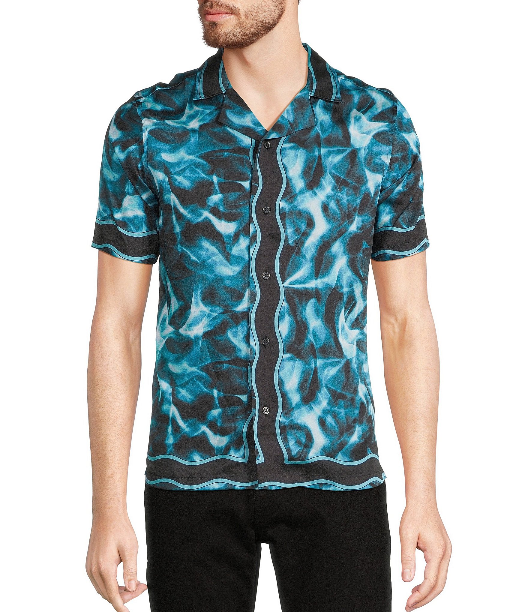 Murano Shape of Water Collection Slim Fit Water Print Short Sleeve Woven Camp Shirt