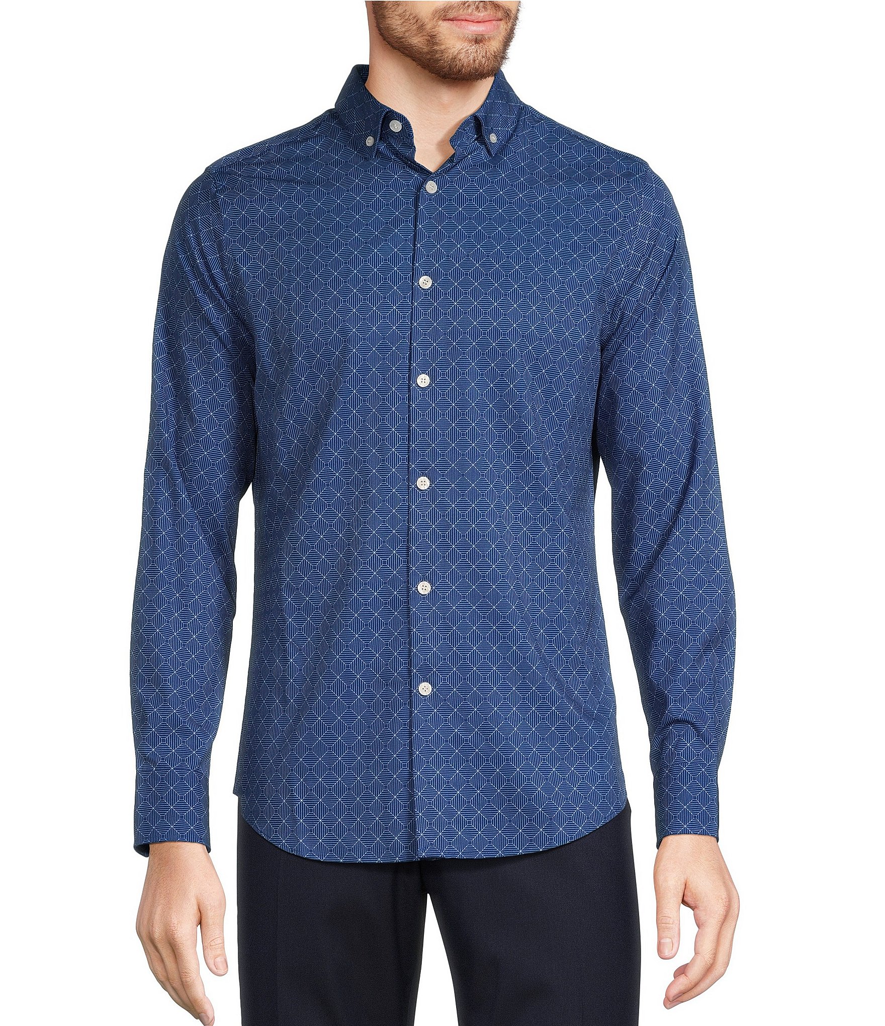 Murano Slim Fit Performance Stretch Geometric Print Long Sleeve Woven Shirt